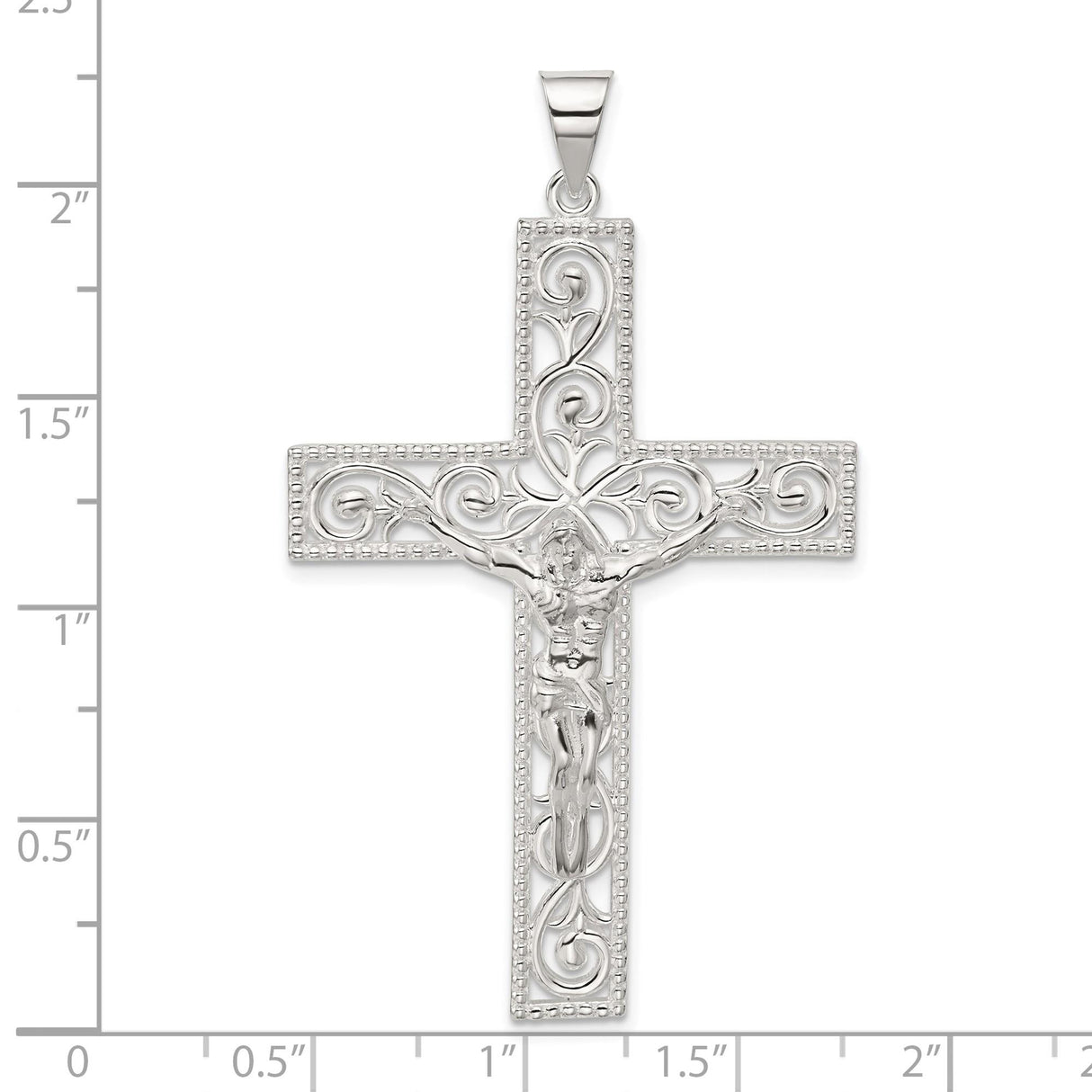 Sterling Silver Crucifix Pendant with INRI Charm and Beaded Edge Religious Jewelry