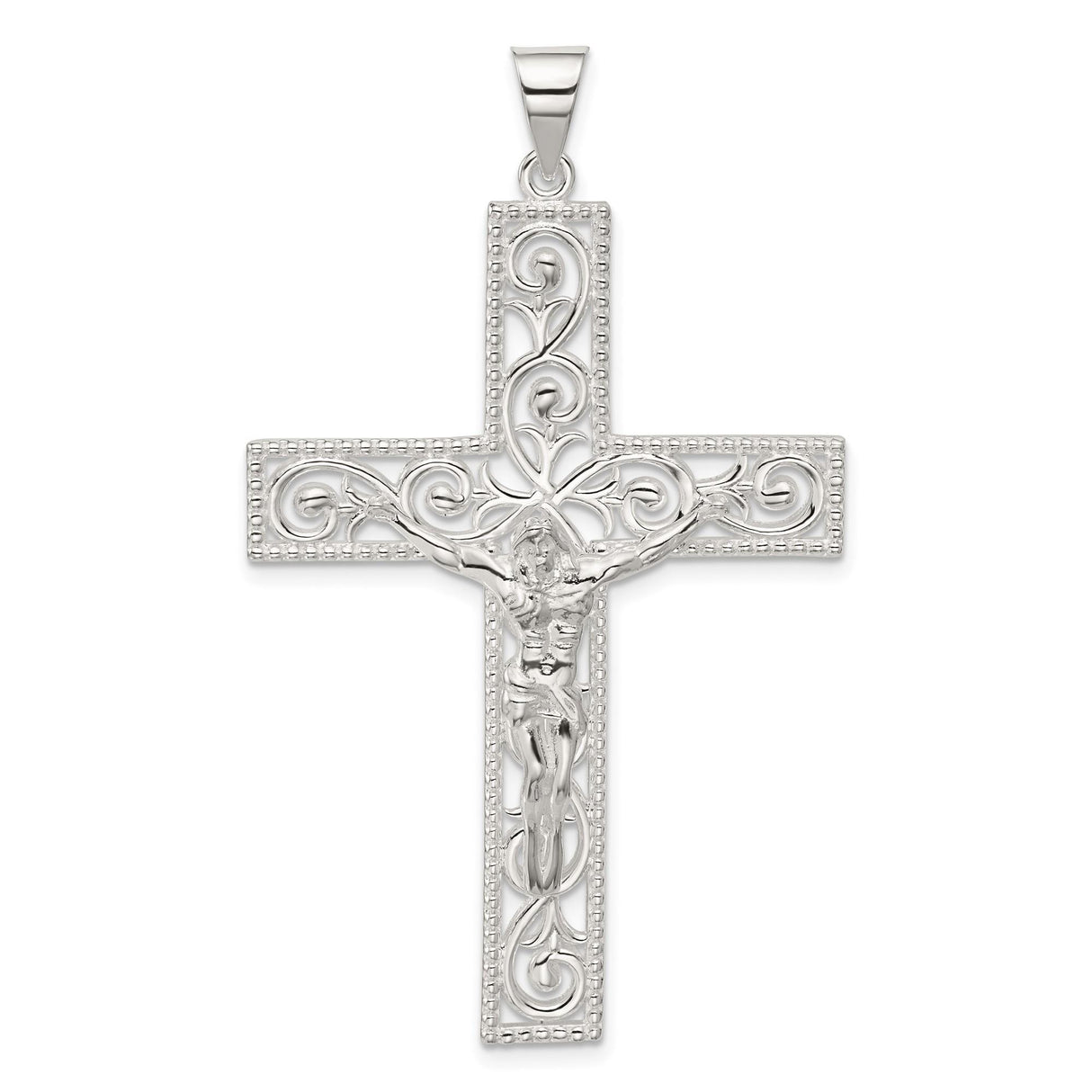 Sterling Silver Crucifix Pendant with INRI Charm and Beaded Edge Religious Jewelry