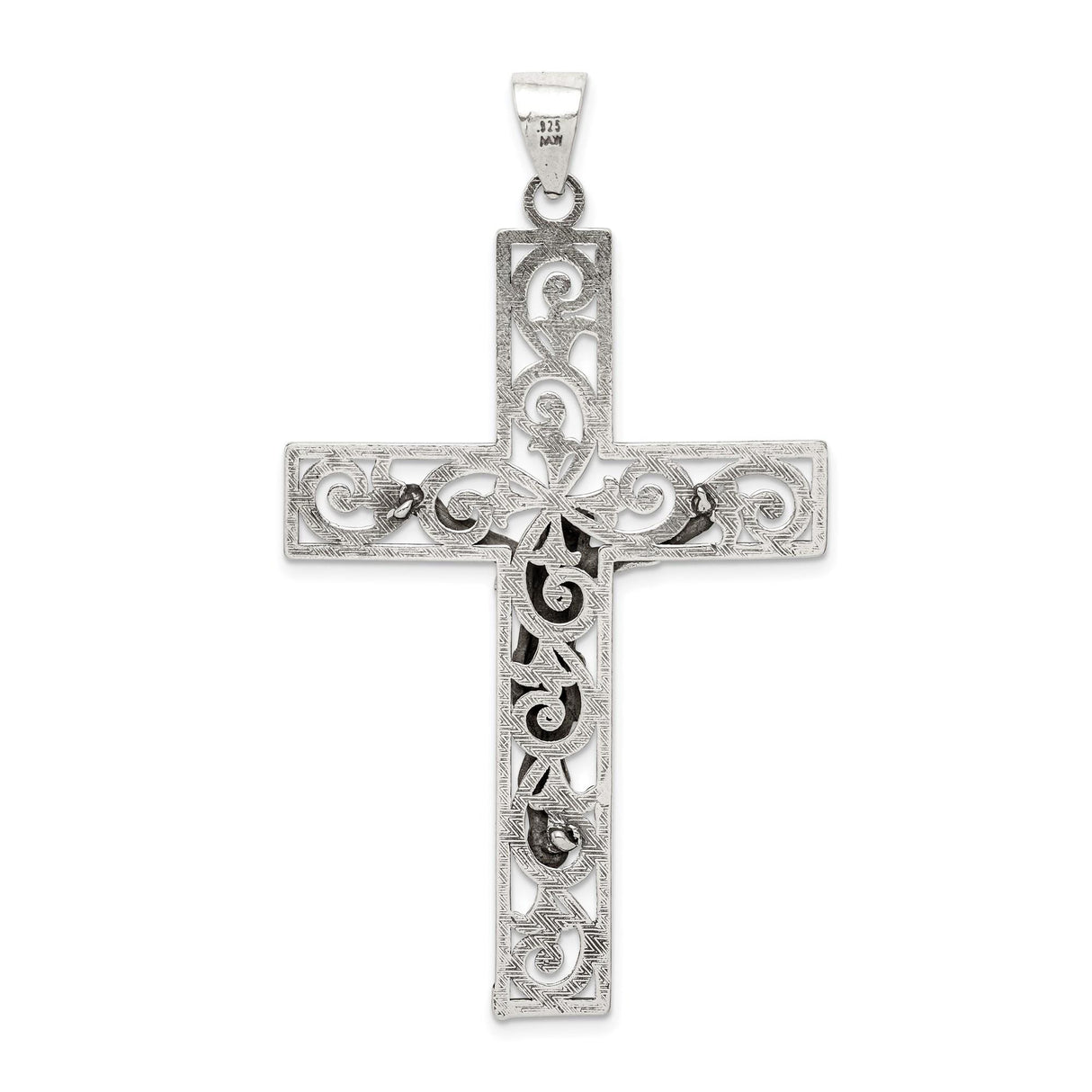Sterling Silver Crucifix Cross Pendant with INRI Charm and Filigree Detailing