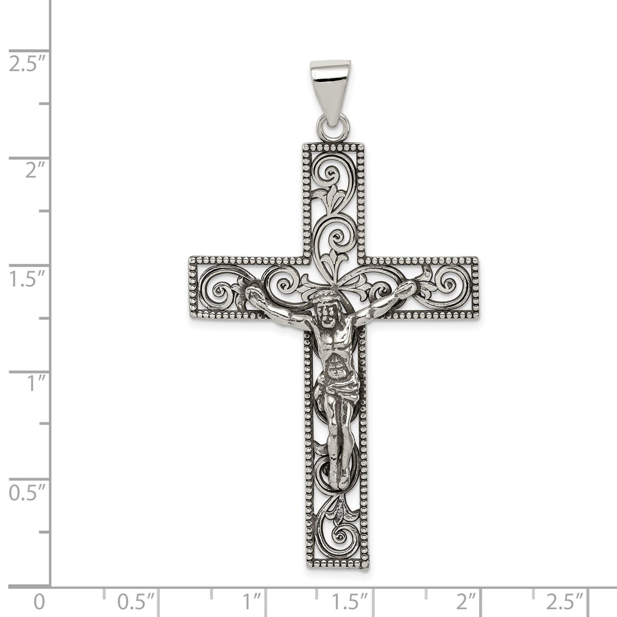 Sterling Silver Crucifix Cross Pendant with INRI Charm and Filigree Detailing