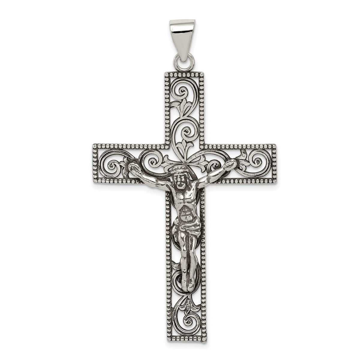 Sterling Silver Crucifix Cross Pendant with INRI Charm and Filigree Detailing
