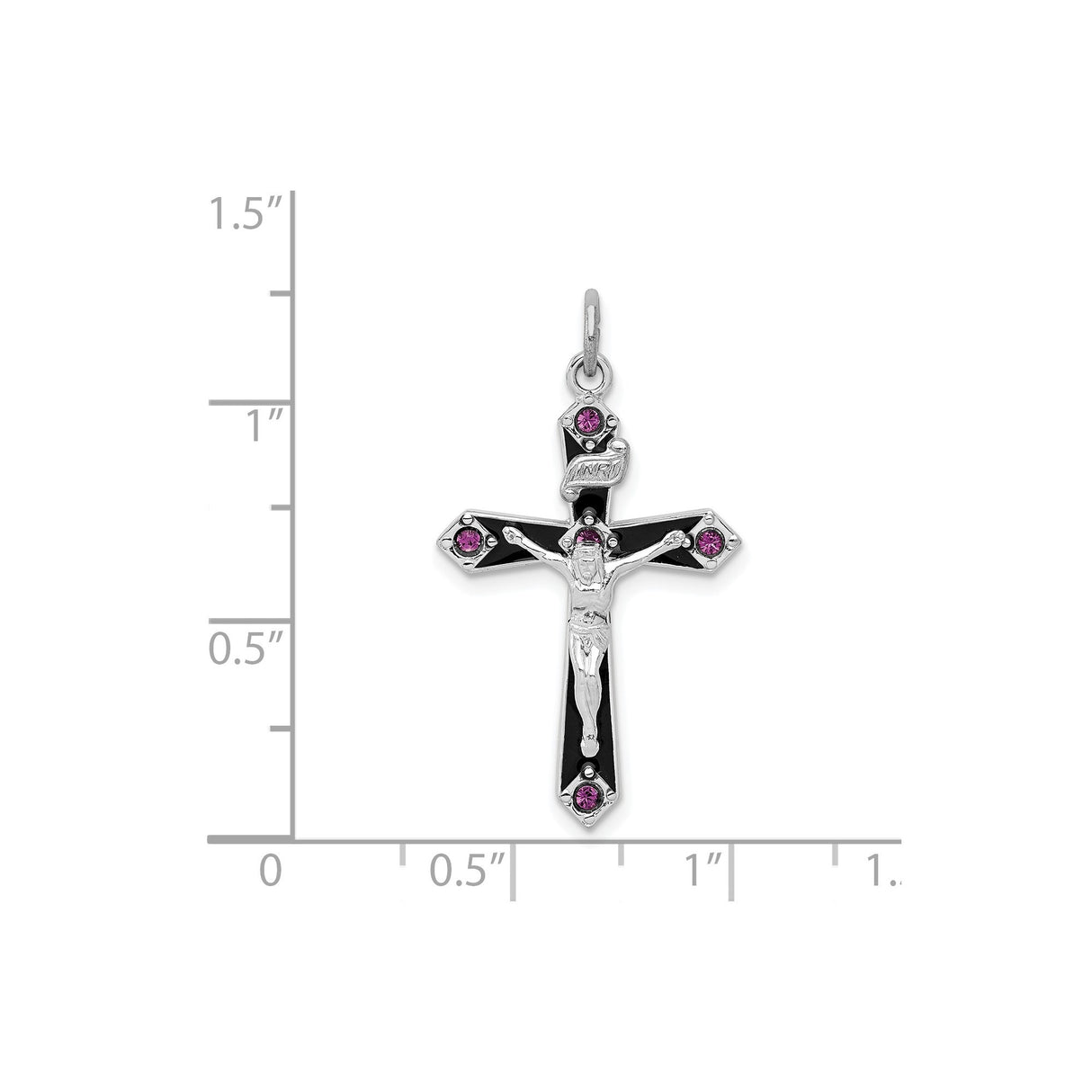 Sterling Silver Cross Pendant with Purple Cubic Zirconia, Black Enamel, Christian INRI Crucifix