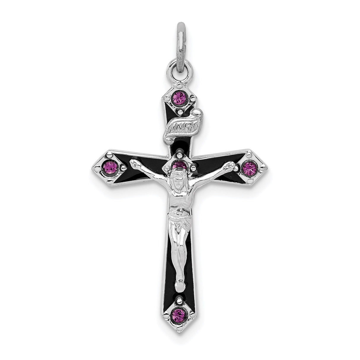 Sterling Silver Cross Pendant with Purple Cubic Zirconia, Black Enamel, Christian INRI Crucifix