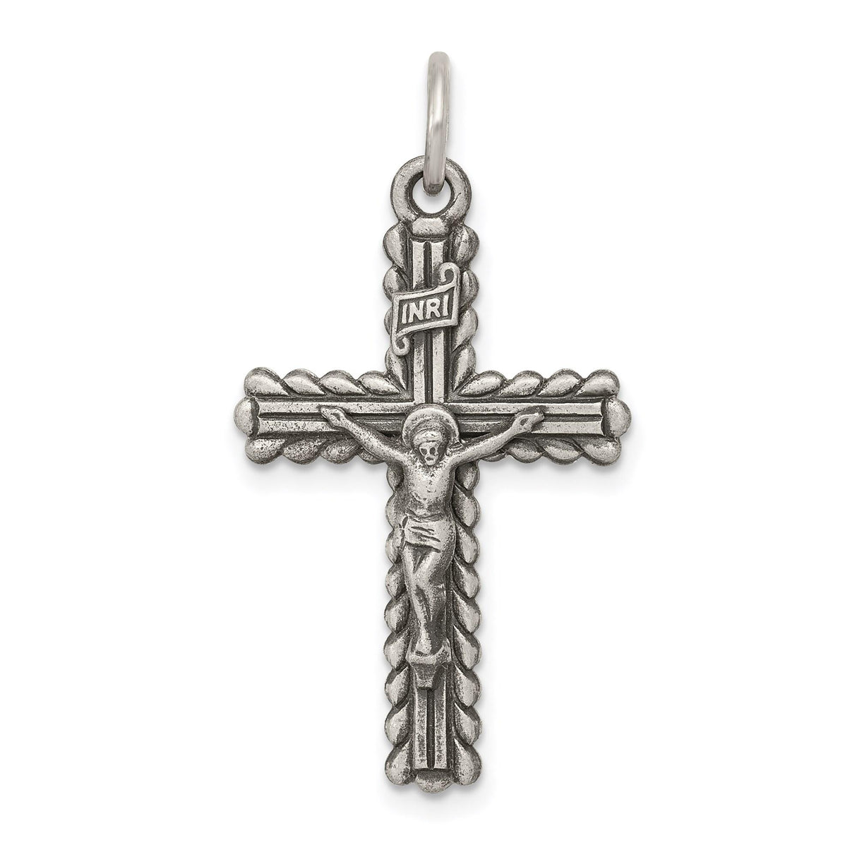 Sterling Silver Crucifix Cross Pendant with INRI Jesus Detail and Antique Finish
