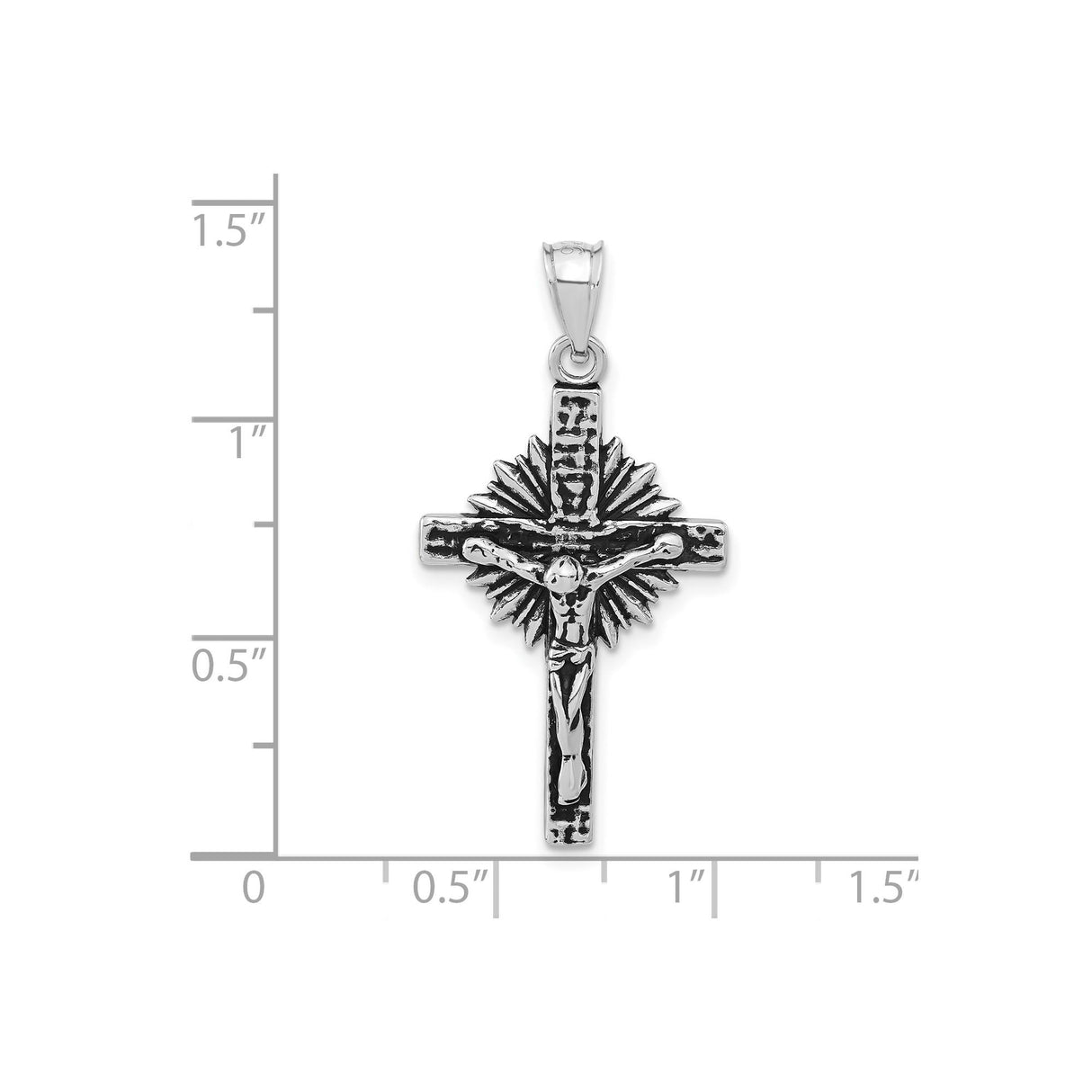 Sterling Silver Crucifix Pendant with INRI Christ Figure and Sunburst Design
