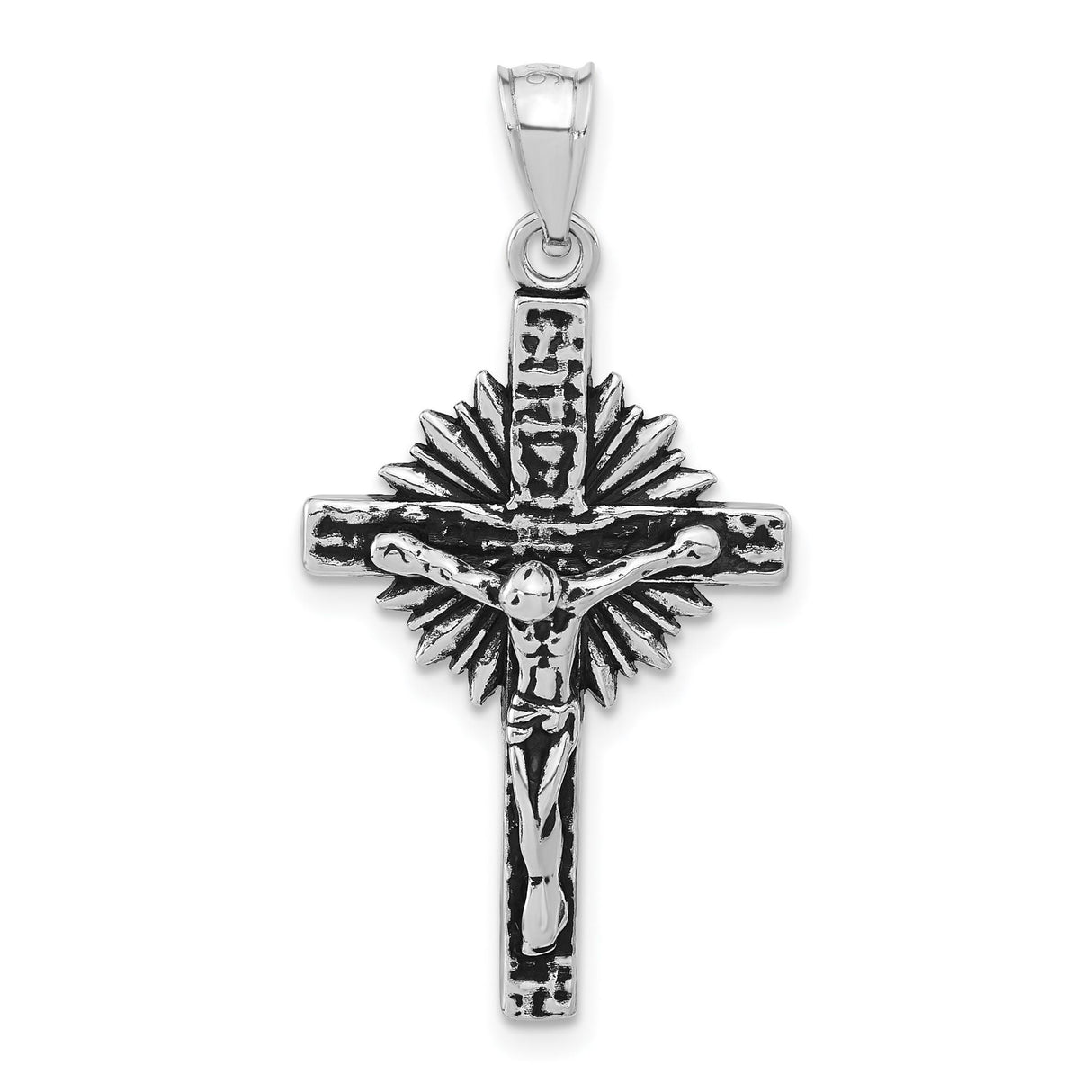 Sterling Silver Crucifix Pendant with INRI Christ Figure and Sunburst Design