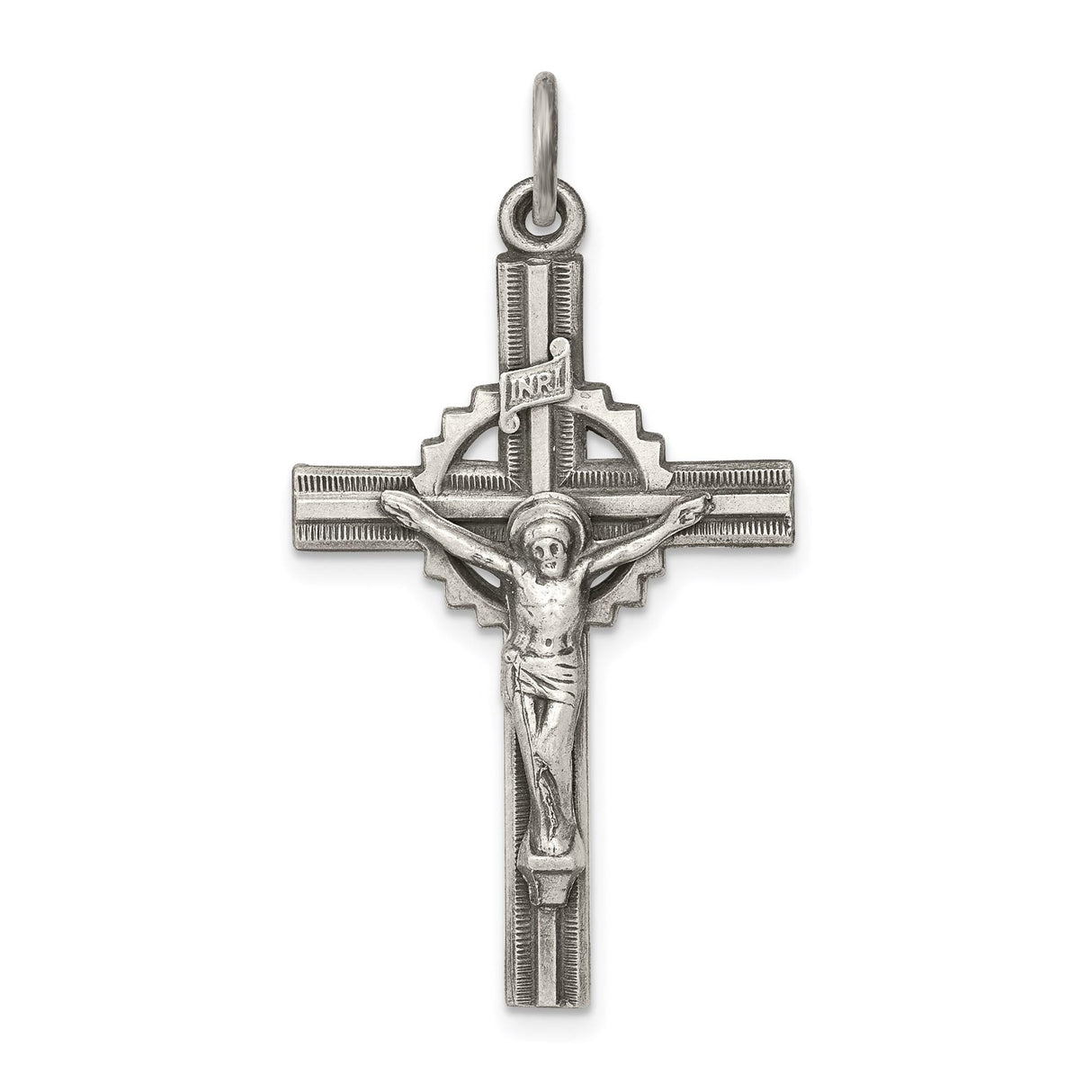 Sterling Silver Crucifix Pendant with INRI and Sculpted Christ, Oxidized Textured Finish