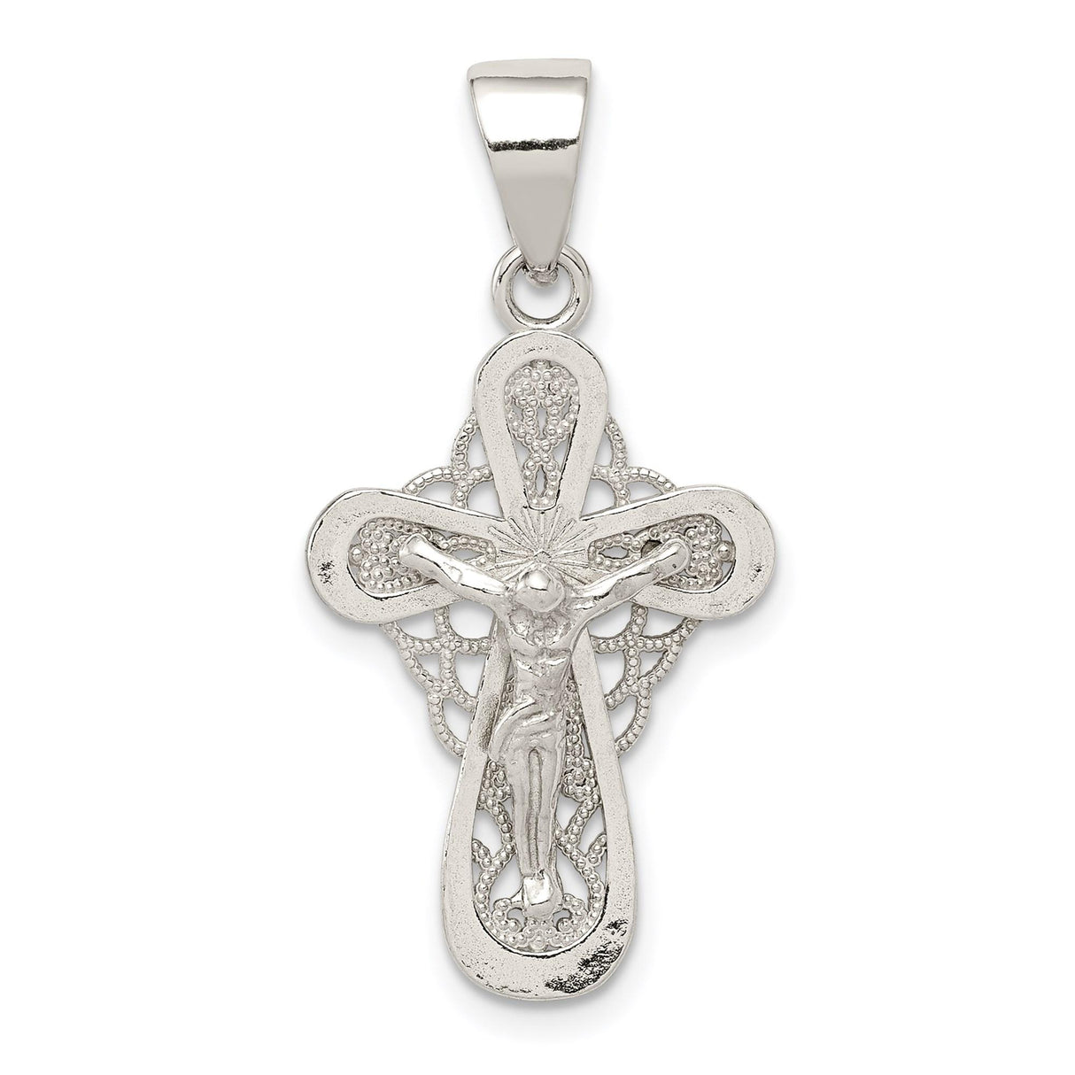 Sterling Silver Crucifix Cross Pendant with 3D Christ and Openwork Design