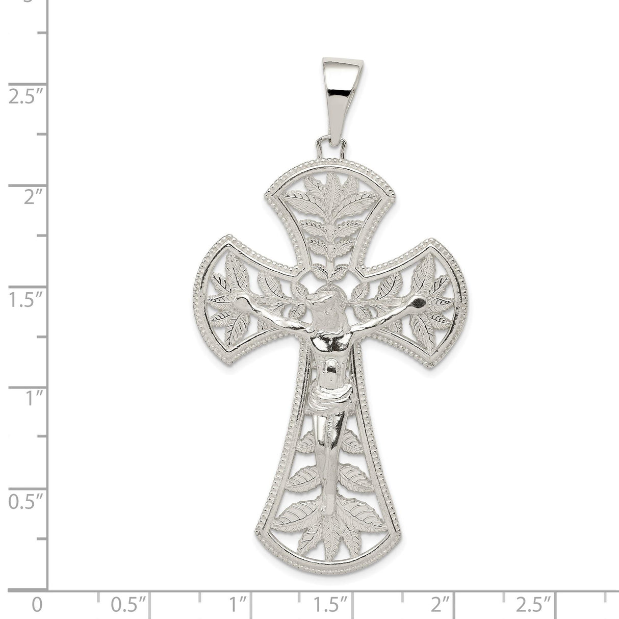 Sterling Silver Crucifix Pendant with Leaf Detail and INRI Charm, Religious Christian Jewelry