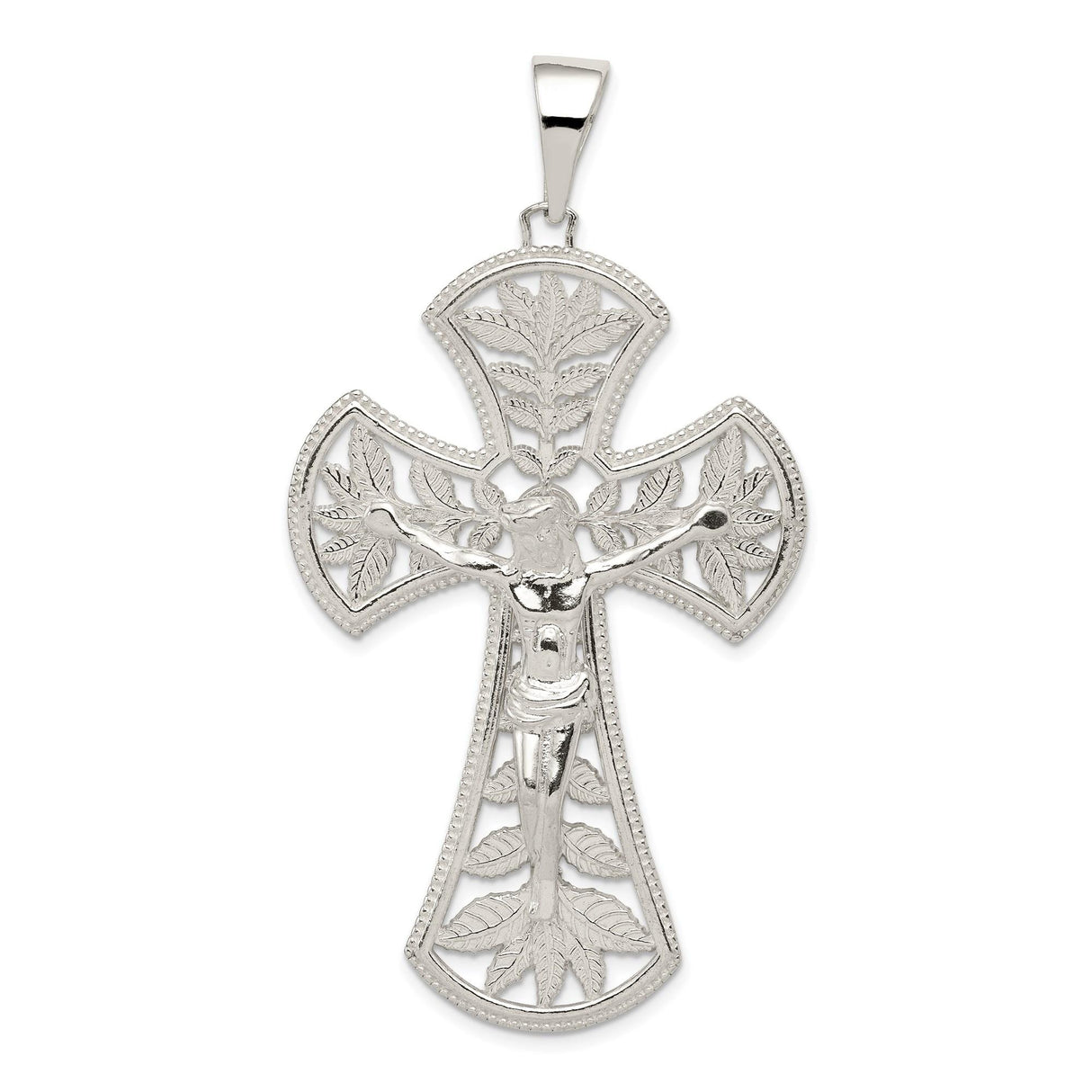 Sterling Silver Crucifix Pendant with Leaf Detail and INRI Charm, Religious Christian Jewelry