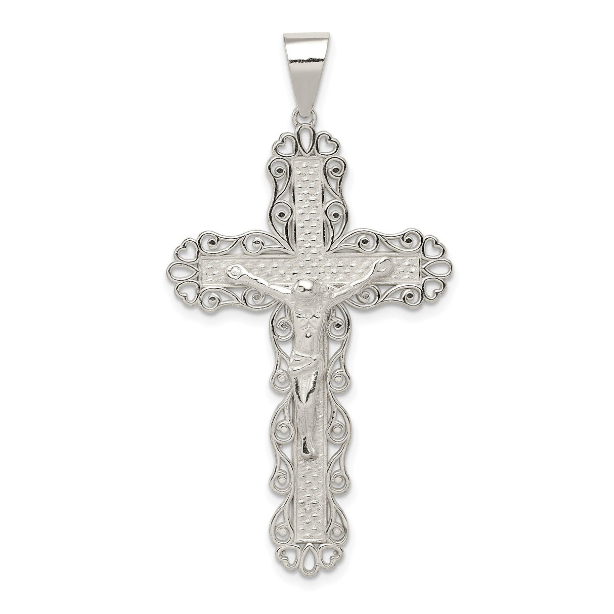 Sterling Silver Crucifix Cross Pendant with INRI Jesus Figure and Filigree Design