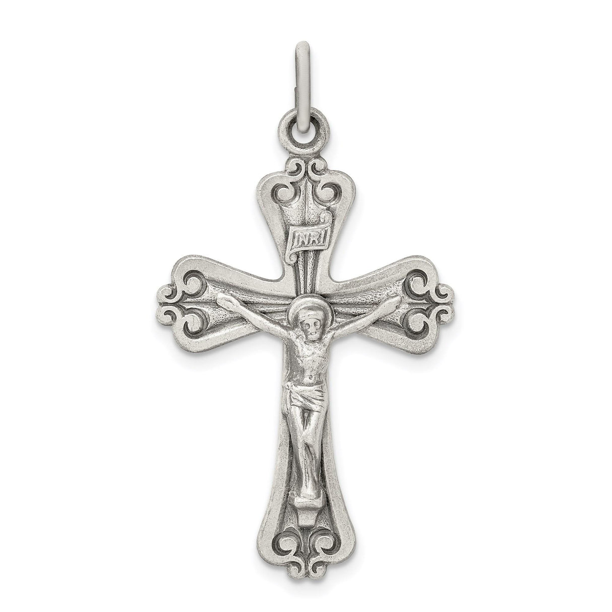 Sterling Silver Crucifix Pendant with INRI Jesus Cross, Antiqued Brushed Finish, Religious Charm