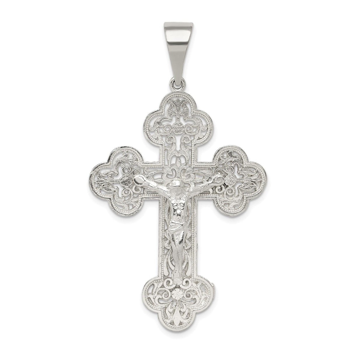 Sterling Silver Crucifix Cross Pendant with INRI Jesus and Filigree Detailing