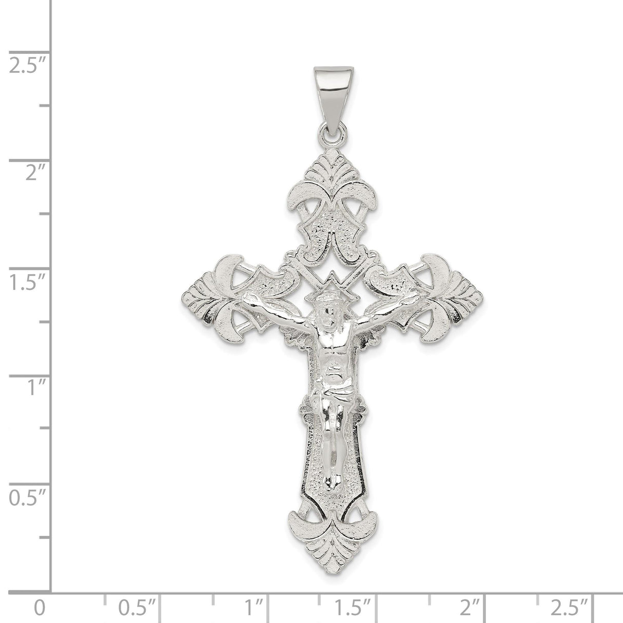 Sterling Silver Crucifix Cross Pendant with INRI Detail and Baroque Floral Motif