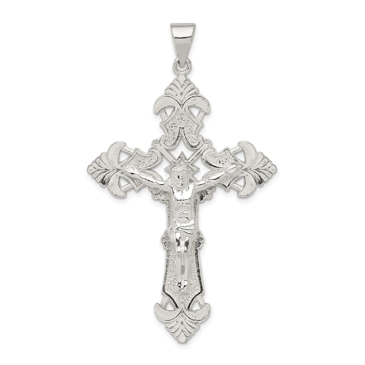 Sterling Silver Crucifix Cross Pendant with INRI Detail and Baroque Floral Motif