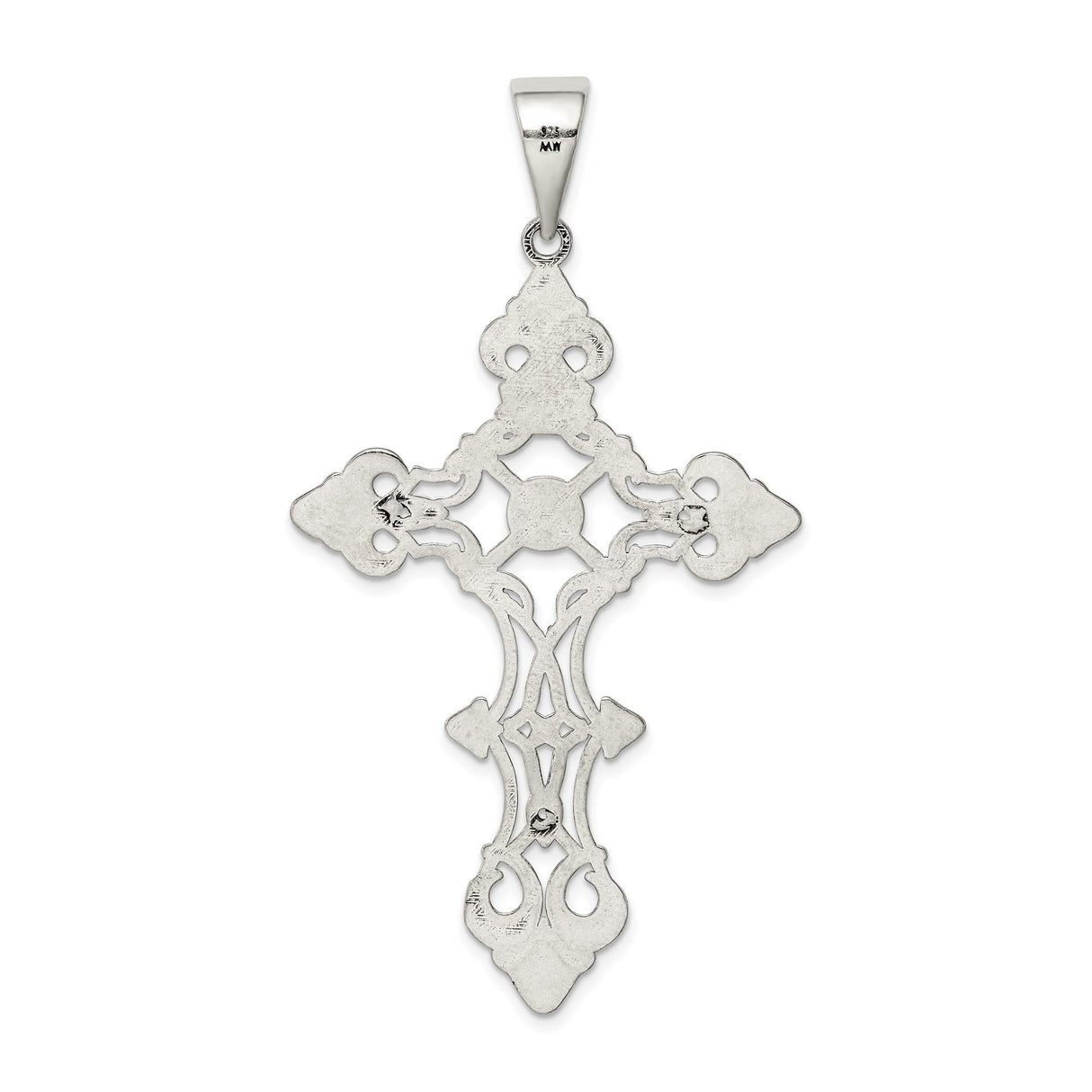 Sterling Silver Crucifix Pendant with Jesus Figure and INRI Scrollwork, Gothic Fleur-de-Lis Style