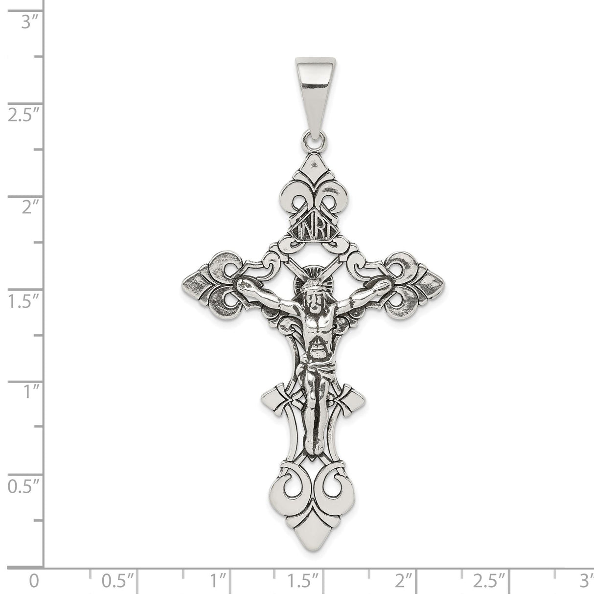 Sterling Silver Crucifix Pendant with Jesus Figure and INRI Scrollwork, Gothic Fleur-de-Lis Style