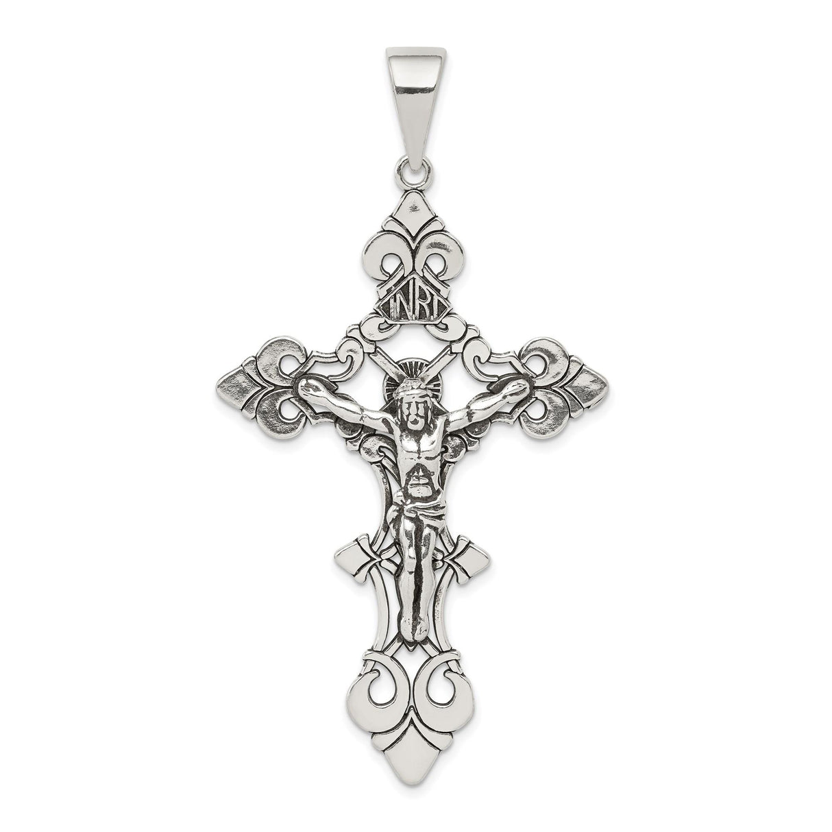 Sterling Silver Crucifix Pendant with Jesus Figure and INRI Scrollwork, Gothic Fleur-de-Lis Style