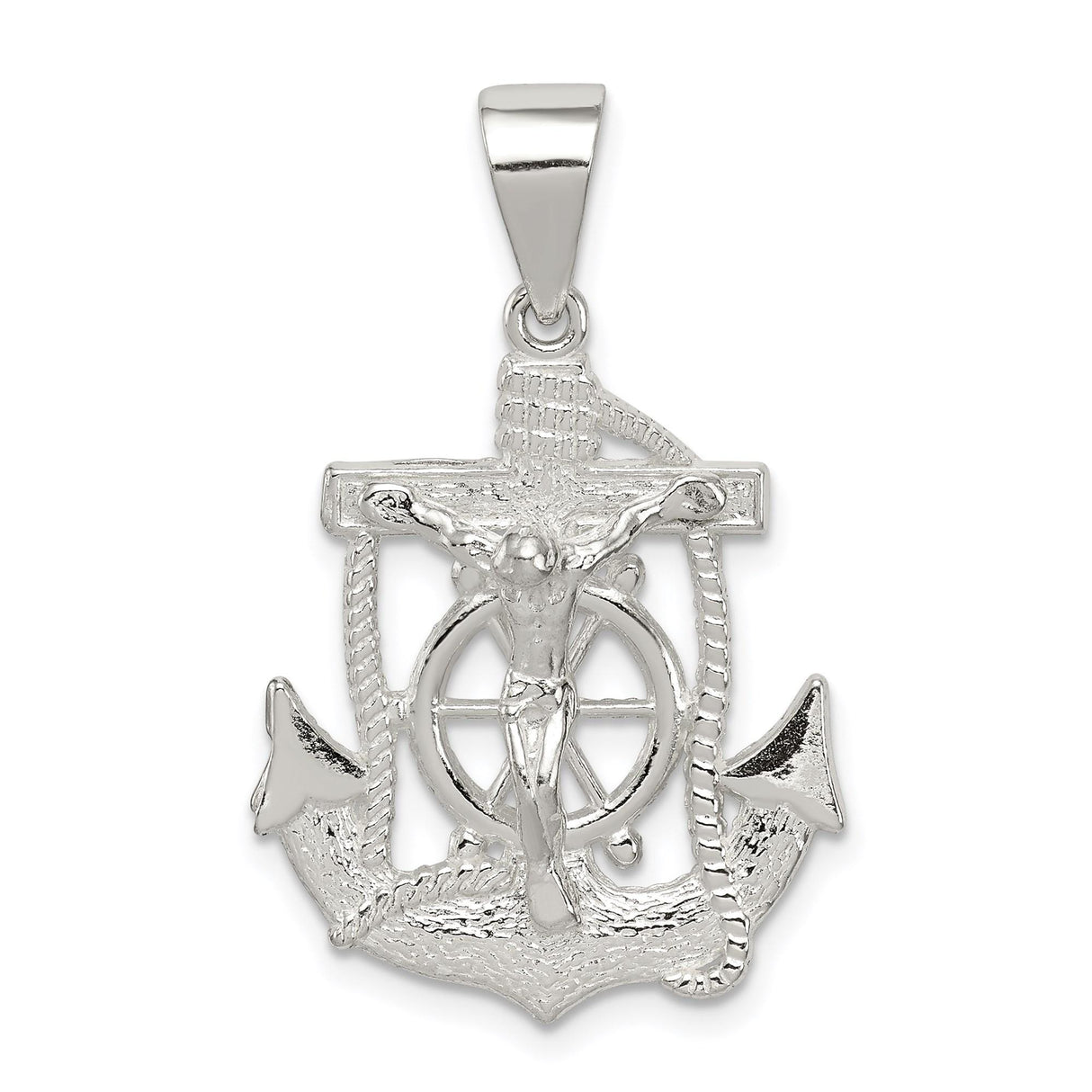 Sterling Silver Crucifix Cross Pendant with Anchor and Ship Wheel Details