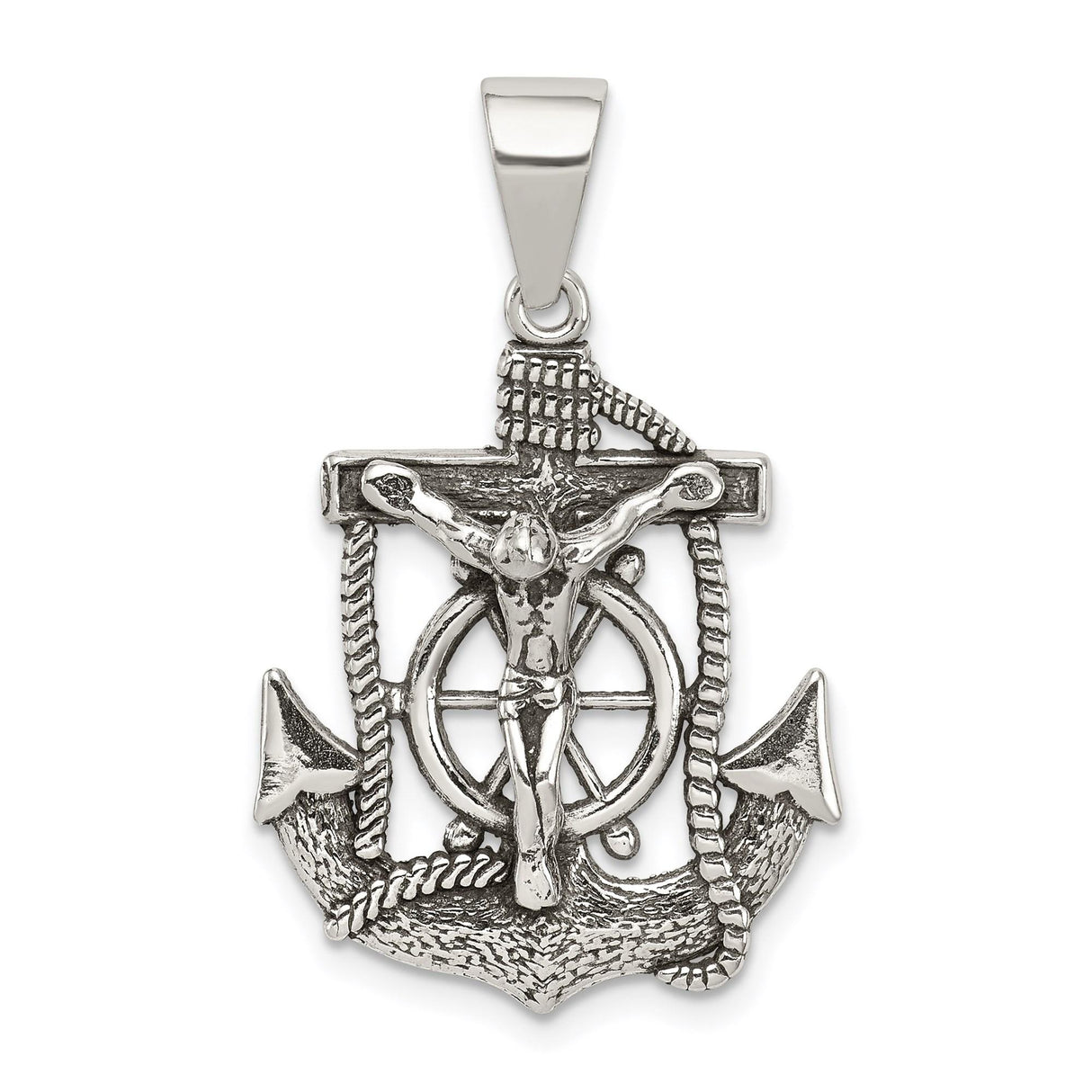 Sterling Silver Anchor Crucifix Pendant with Robed Jesus and Nautical Rope Accents