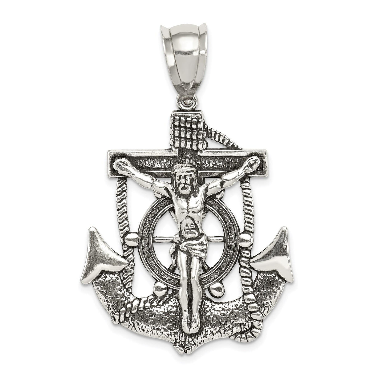 Sterling Silver Crucifix Cross Pendant with Jesus and Nautical Anchor Design