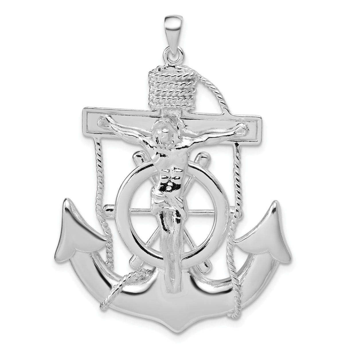 Sterling Silver Anchor Cross Pendant with Rope Detail and Ship Wheel Symbolism