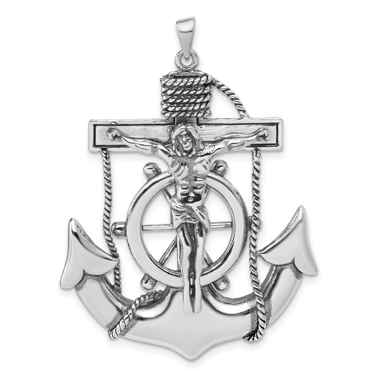 Sterling Silver Anchor Crucifix Pendant with Twined Rope Detail and Jesus Figure