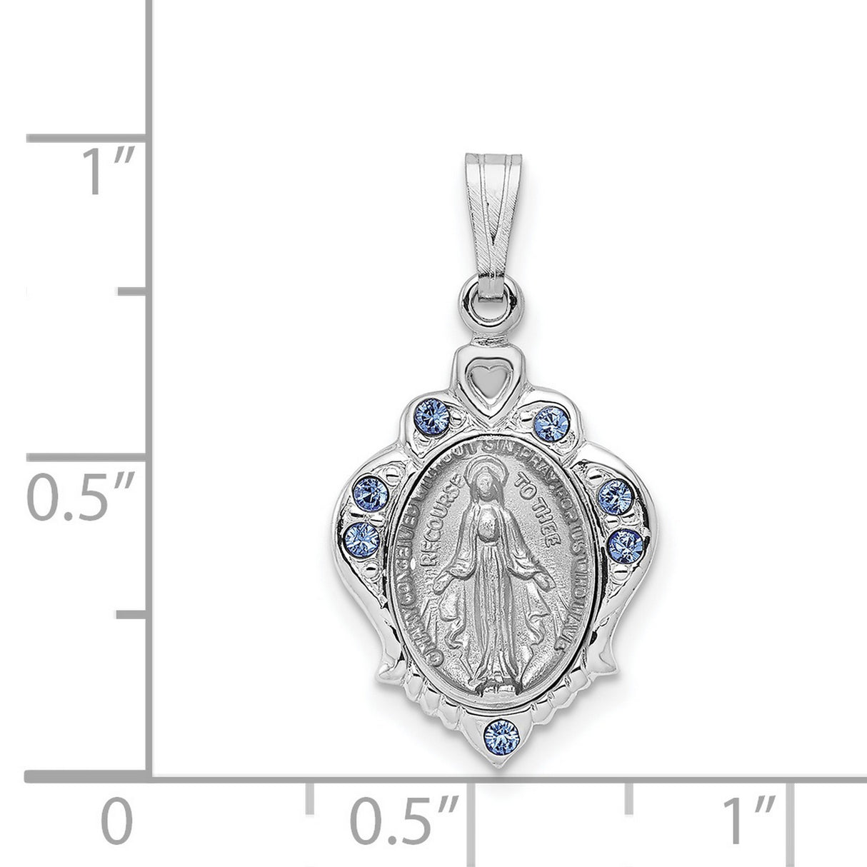 Sterling Silver Virgin Mary Pendant with Blue Cubic Zirconia, Catholic Religious Medal