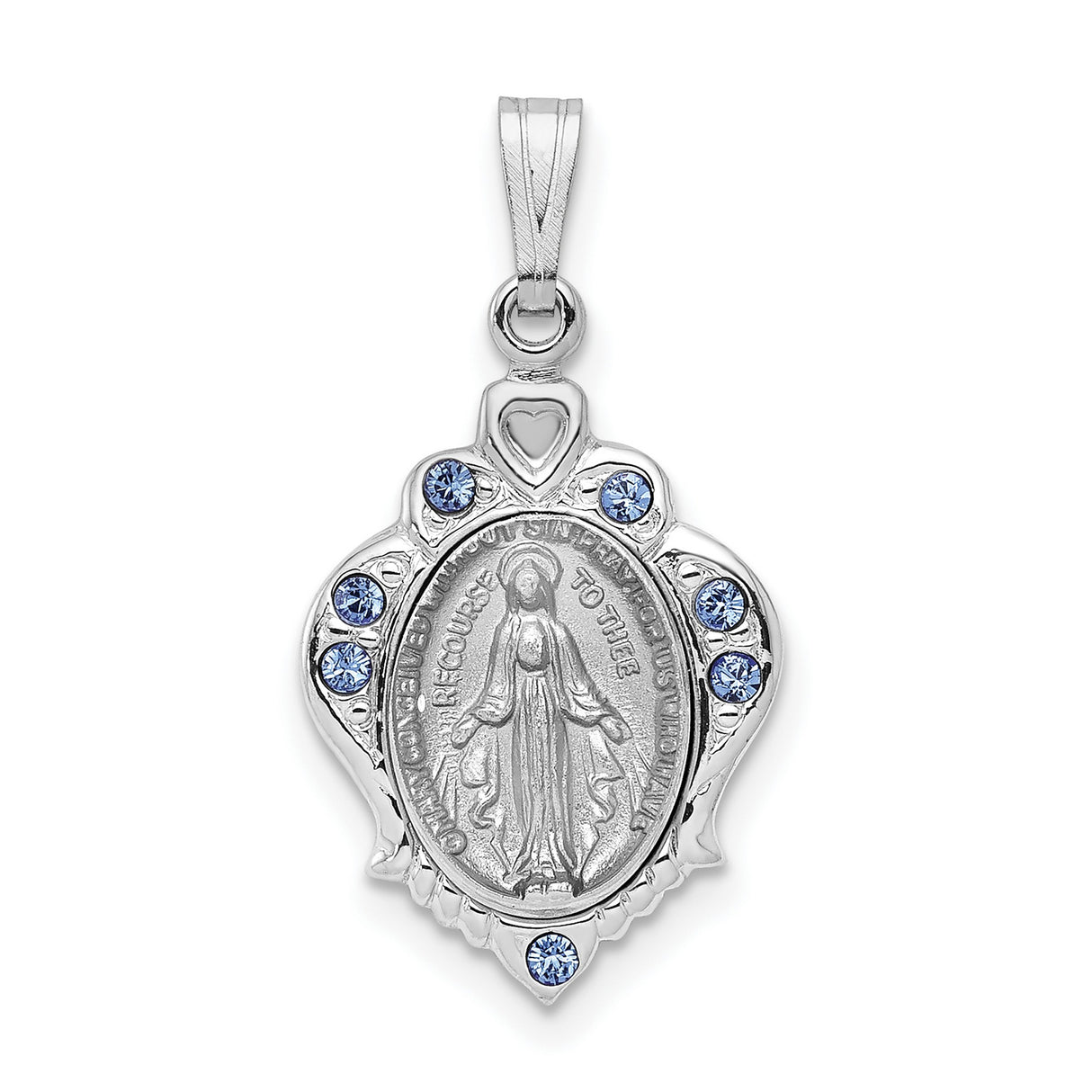 Sterling Silver Virgin Mary Pendant with Blue Cubic Zirconia, Catholic Religious Medal