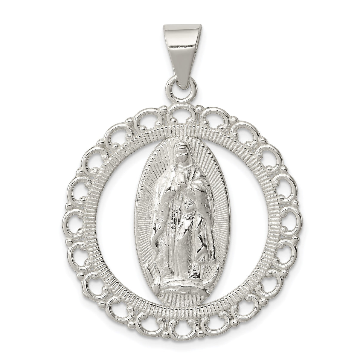 Sterling Silver Virgin Mary Pendant, Our Lady of Guadalupe Oval Medal, Catholic Religious Jewelry