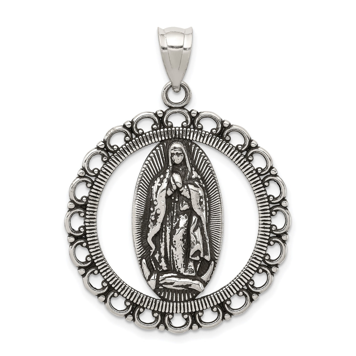 Sterling Silver Virgin Mary Pendant, Our Lady of Guadalupe Oval Medal, Catholic Religious Jewelry