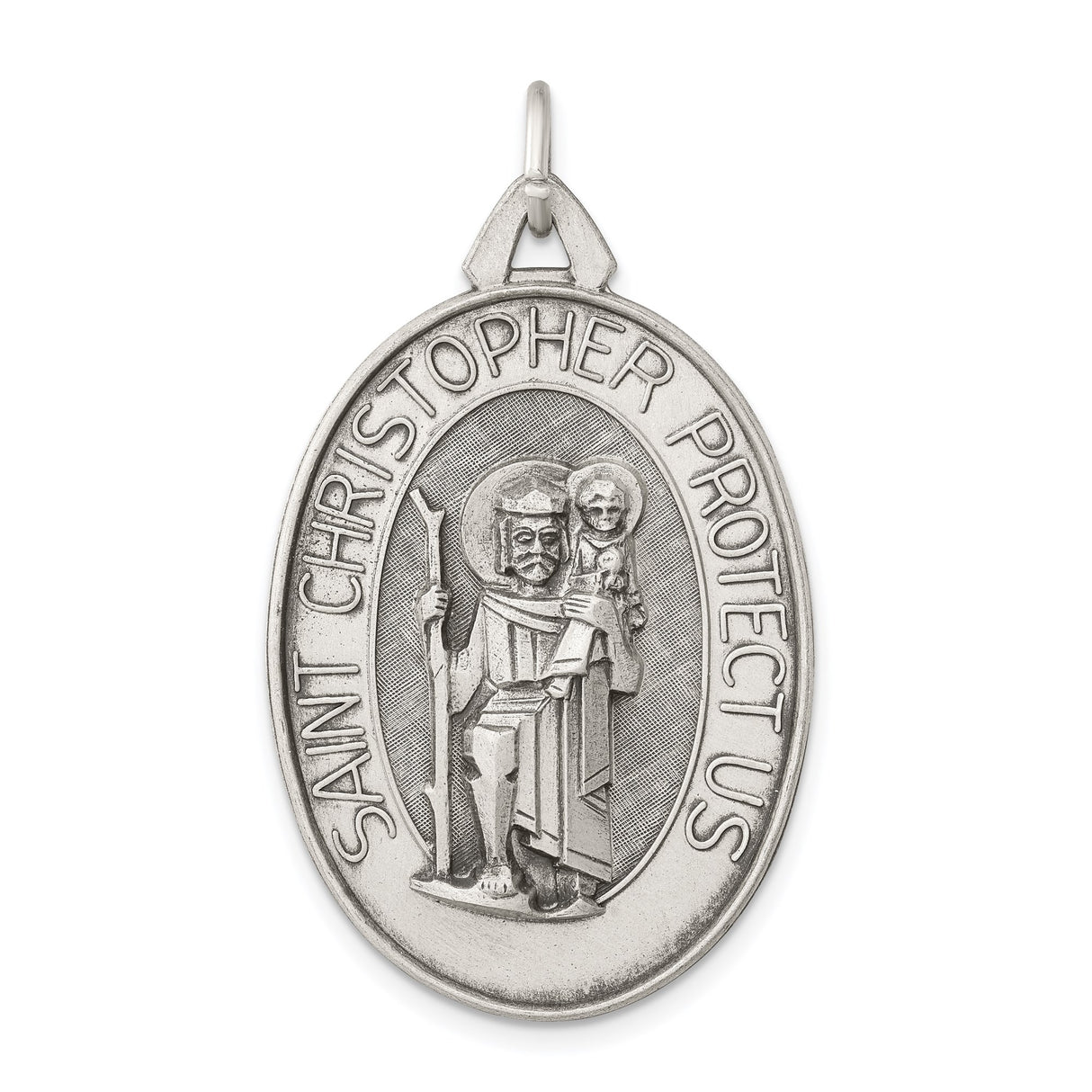 Sterling Silver Saint Christopher Oval Medal Pendant with Antiqued Finish