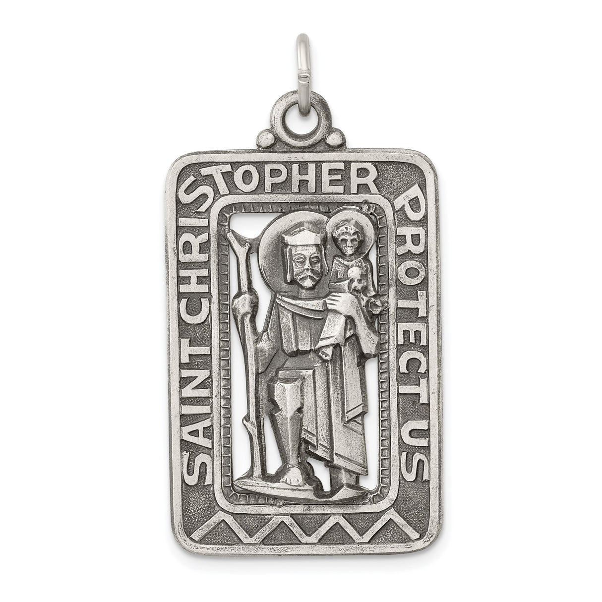 Sterling Silver Saint Christopher Travel Pendant with Satin Finish , Rectangular Religious Medal