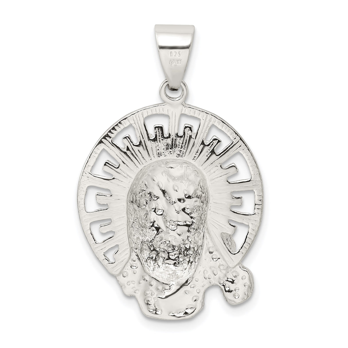 Sterling Silver Jesus Face Pendant with Crown of Thorns and Radiant Halo, Christian Charm