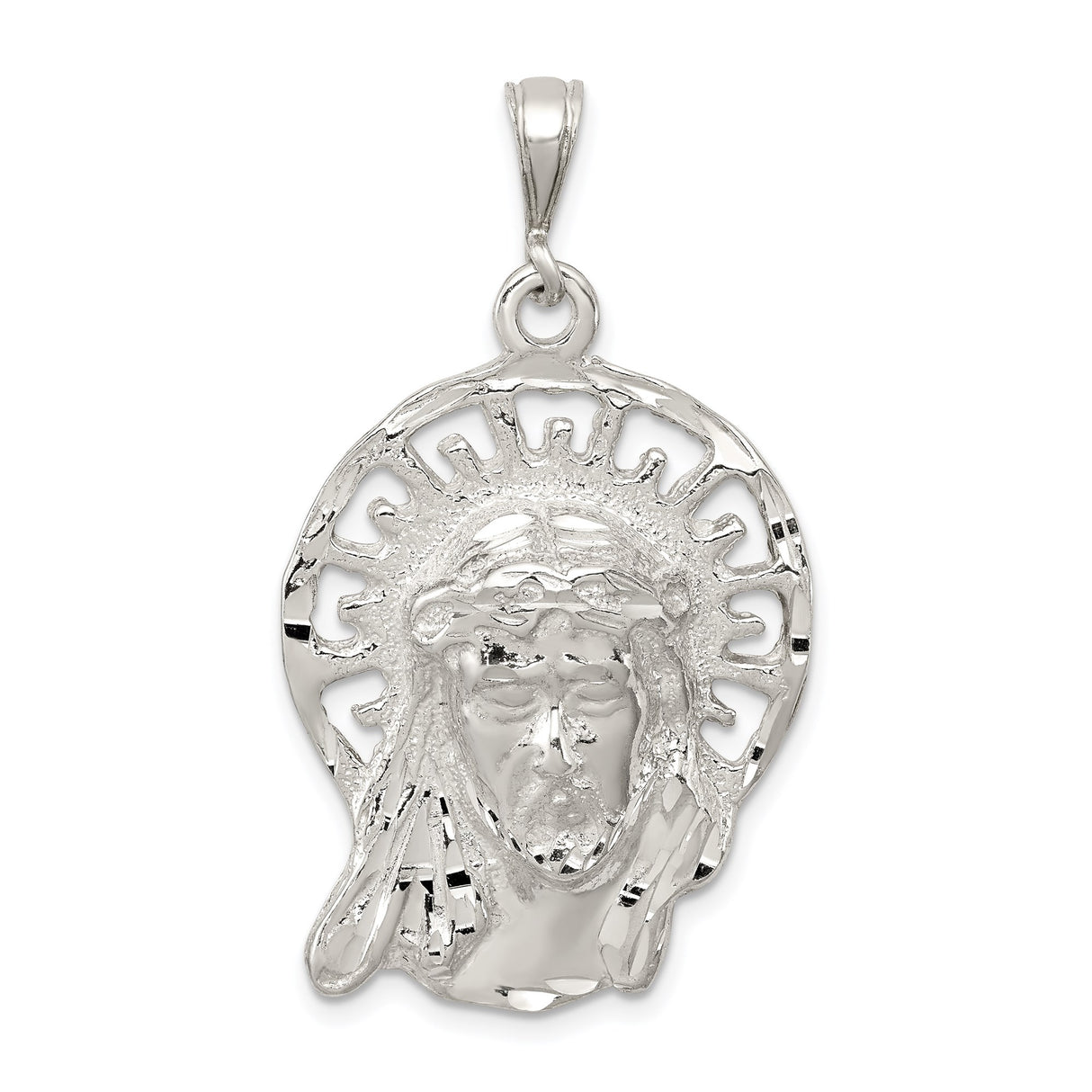 Sterling Silver Jesus Face Pendant with Crown of Thorns and Radiant Halo, Christian Charm