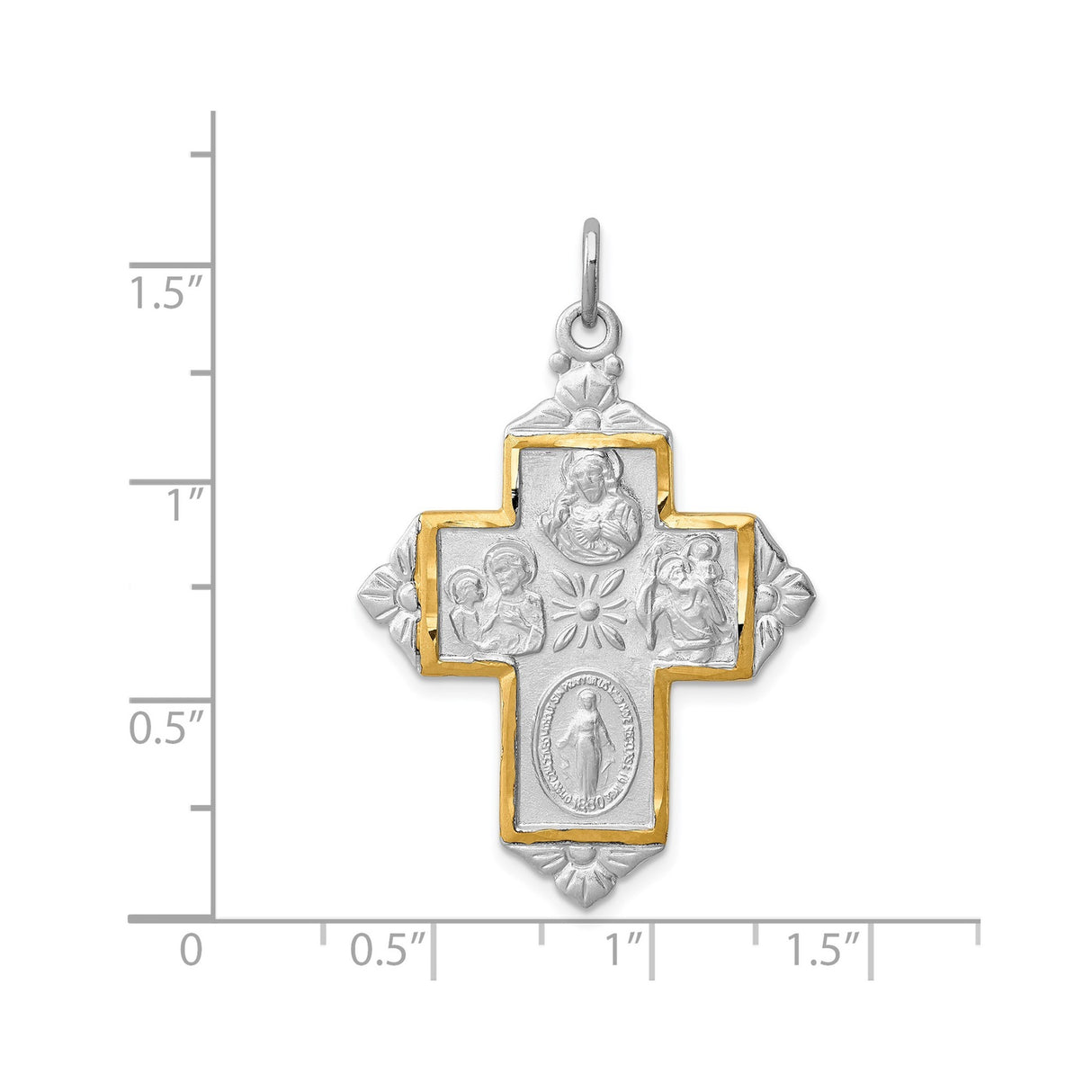 Sterling Silver Cross Pendant with Gold Accents, Leaf Details, and Miraculous Medal Symbol