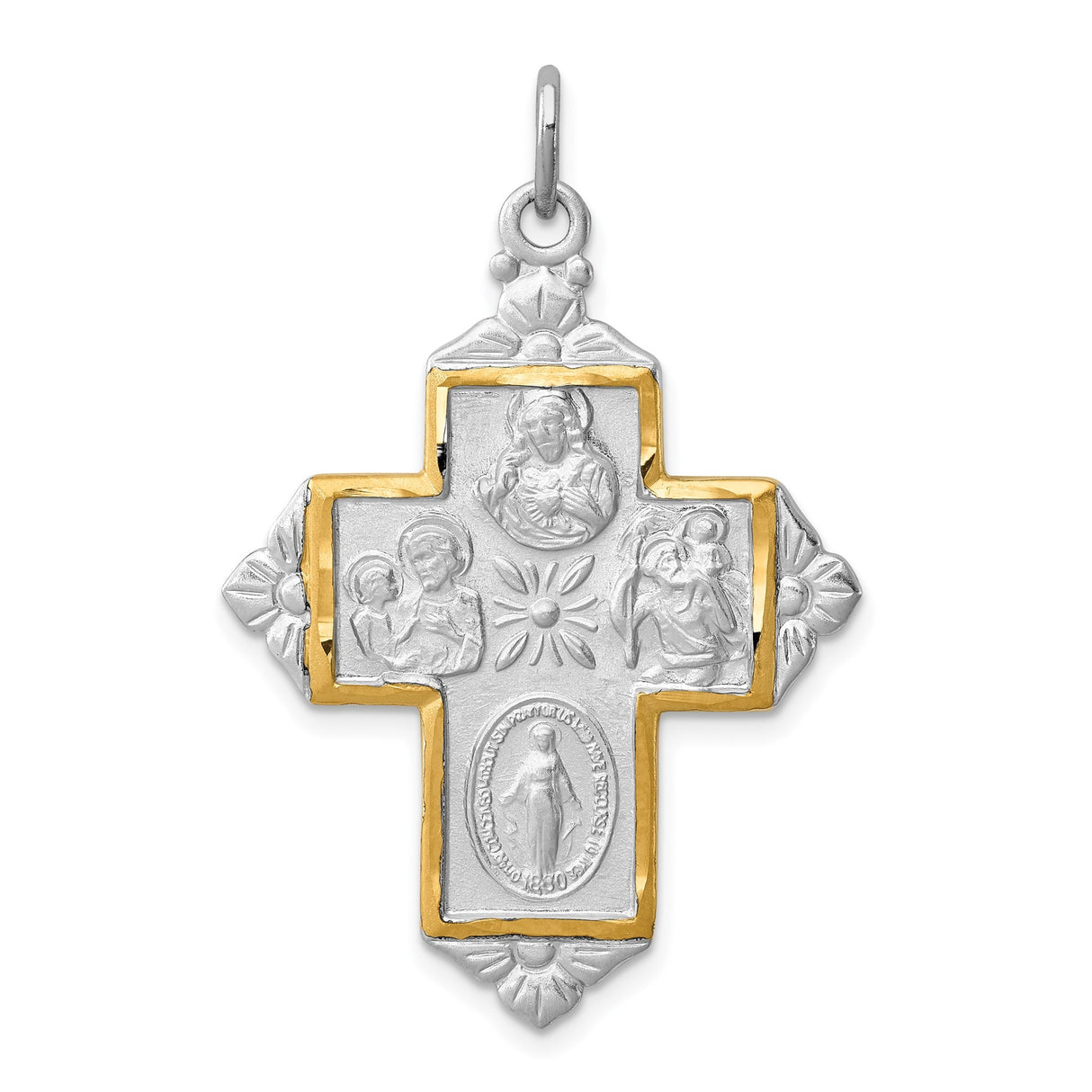 Sterling Silver Cross Pendant with Gold Accents, Leaf Details, and Miraculous Medal Symbol