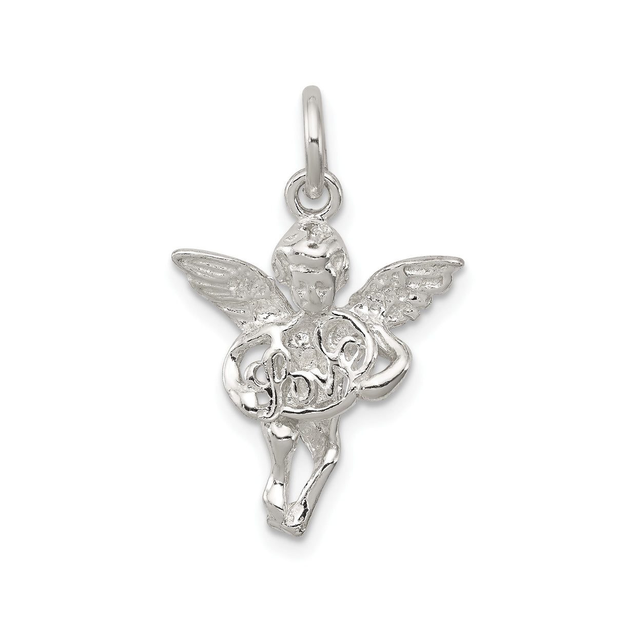Sterling Silver Angel Pendant with Winged Cherub and Heart Inscribed with Love