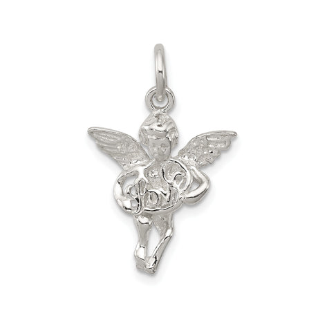 Sterling Silver Angel Pendant with Winged Cherub and Heart Inscribed with Love