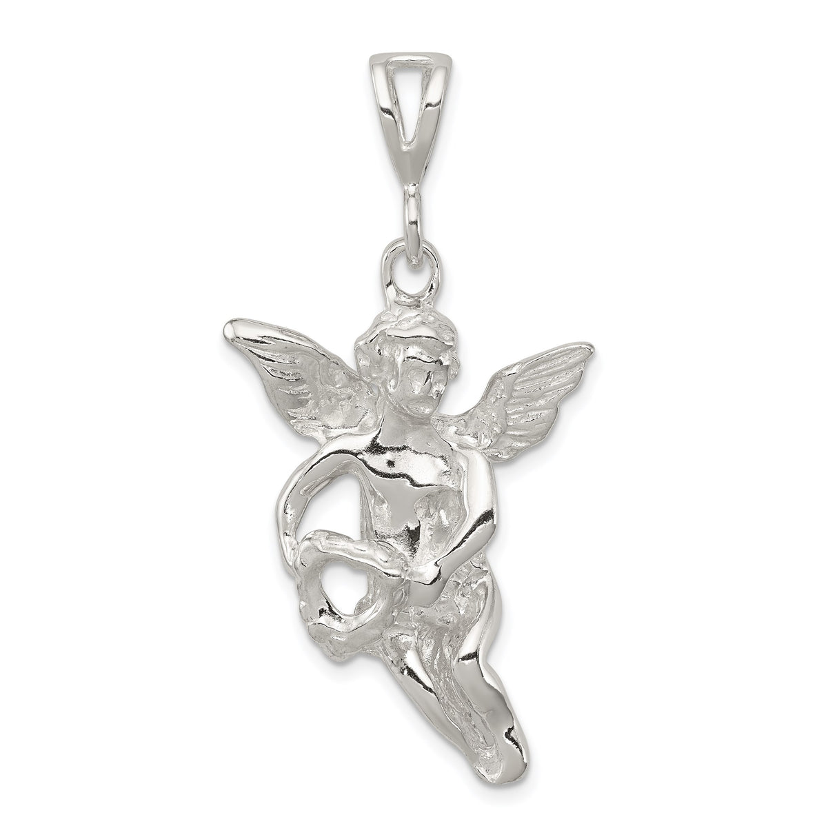 Sterling Silver Angel Pendant with Winged Cherub Holding Heart, Religious Jewelry for Women or Unisex Wear