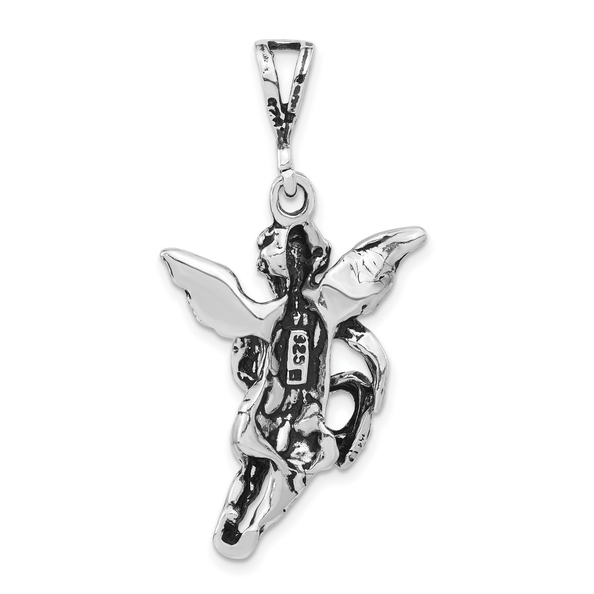 Antiqued and Textured Flying Angel Heart Charm Pendant in Real 925 Sterling Silver