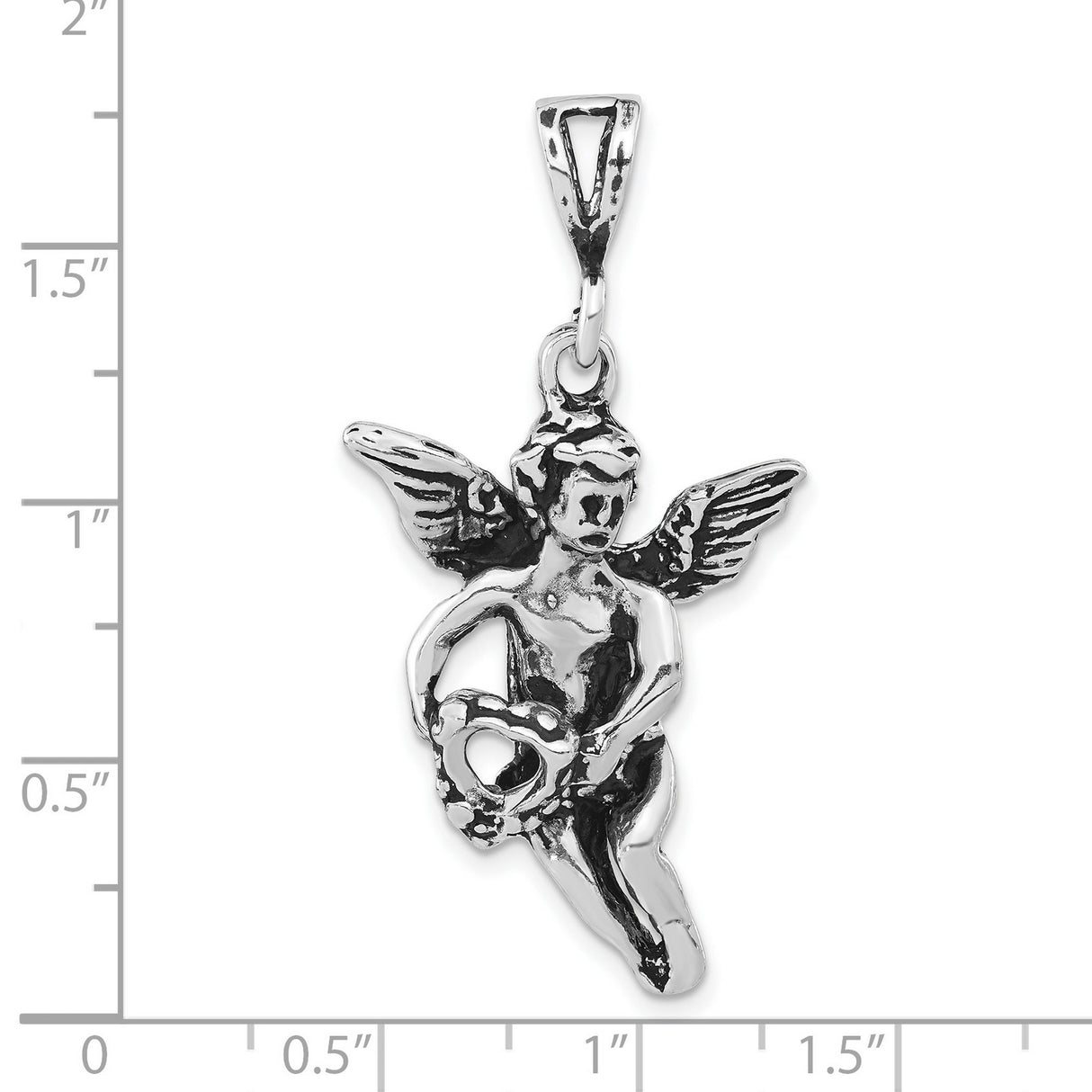 Antiqued and Textured Flying Angel Heart Charm Pendant in Real 925 Sterling Silver
