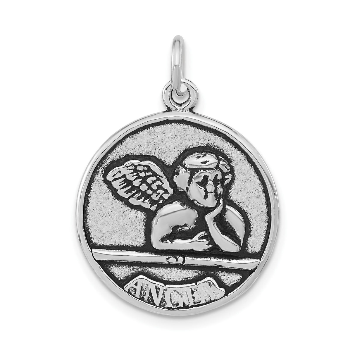 Sterling Silver Angel Pendant with Detailed Wings and ANGEL Inscription