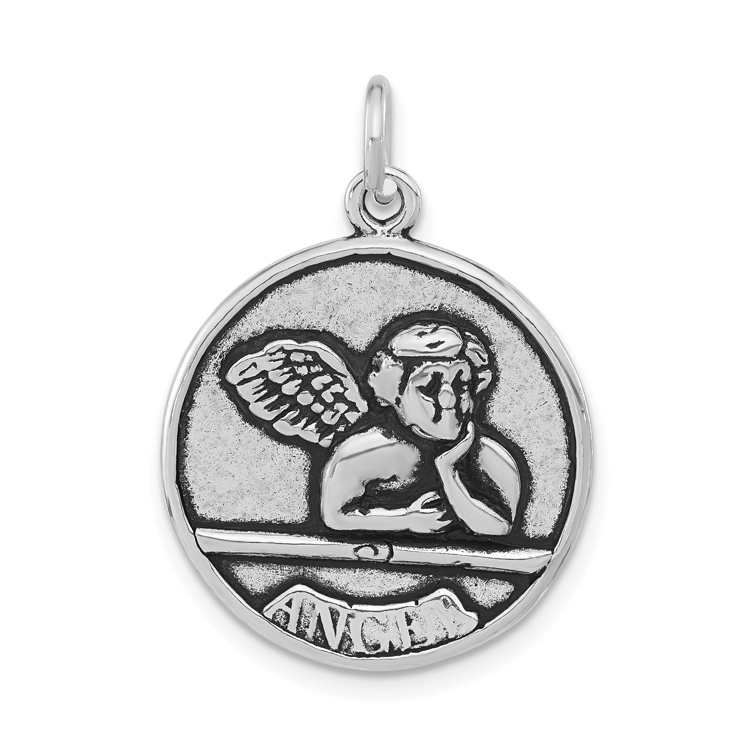 Sterling Silver Angel Pendant with Detailed Wings and ANGEL Inscription