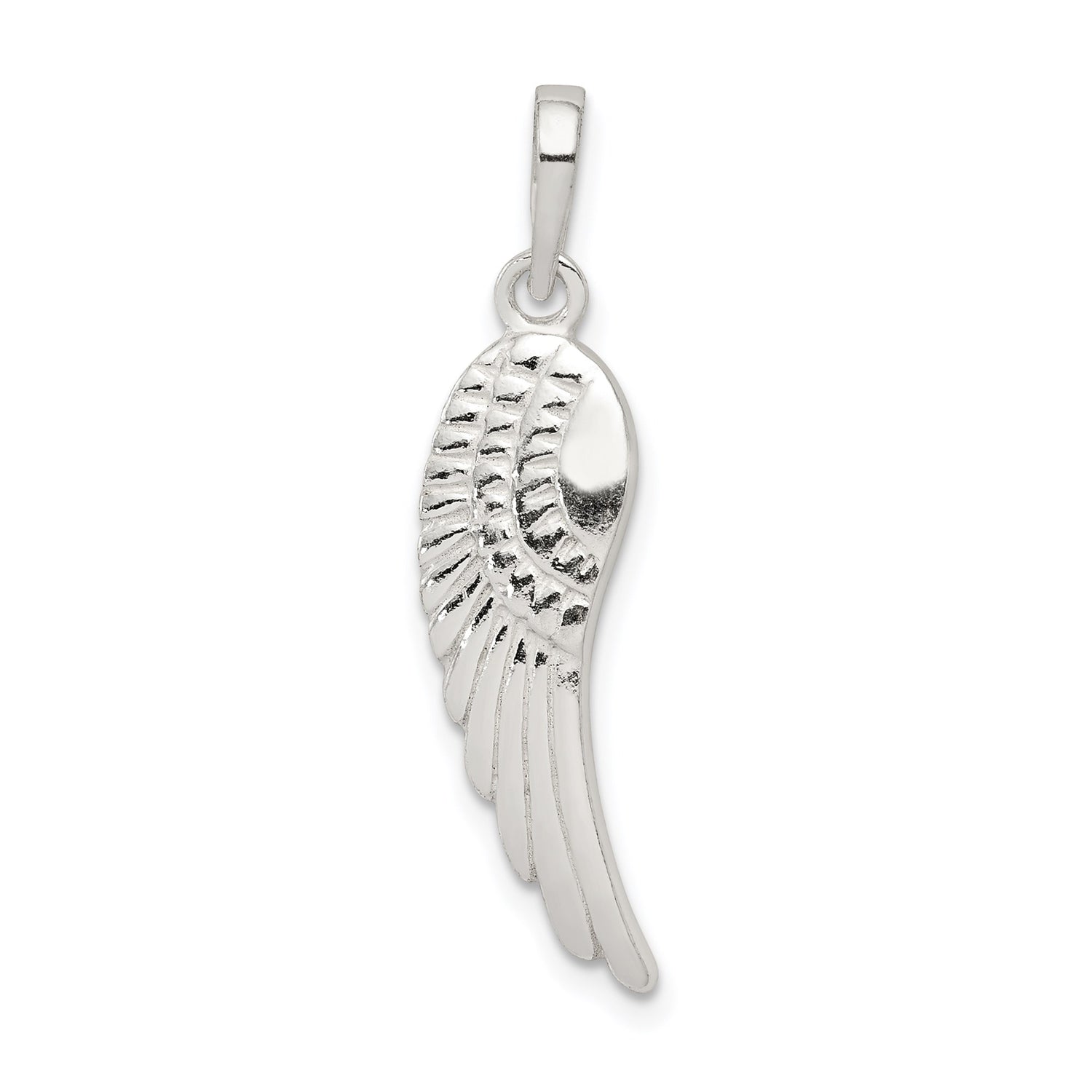 Sterling Silver Angel Wing Pendant with Feather Engraving, Spiritual Christian Remembrance Jewelry