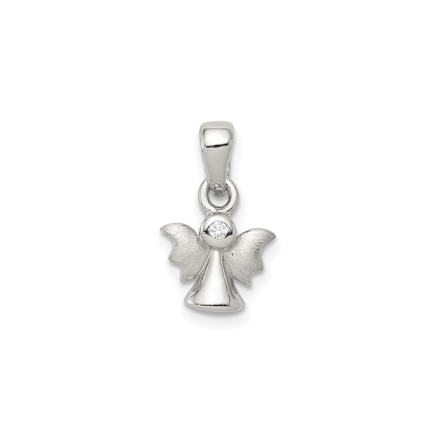 Sterling Silver Angel Pendant with Cubic Zirconia, Polished and Satin Finish, Christian Jewelry
