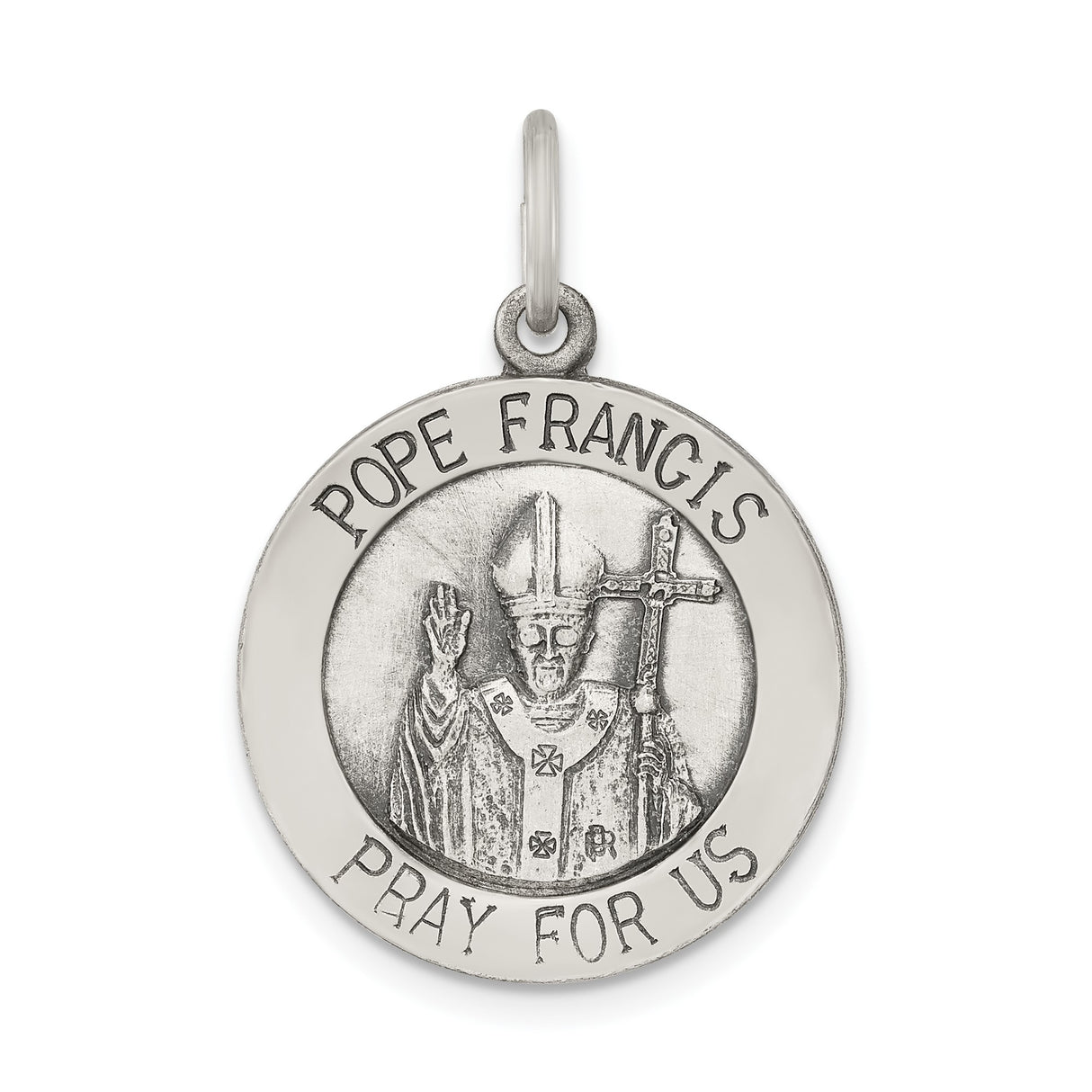 Sterling Silver Pope Francis Pendant with Raised Image and Pray for Us Medal