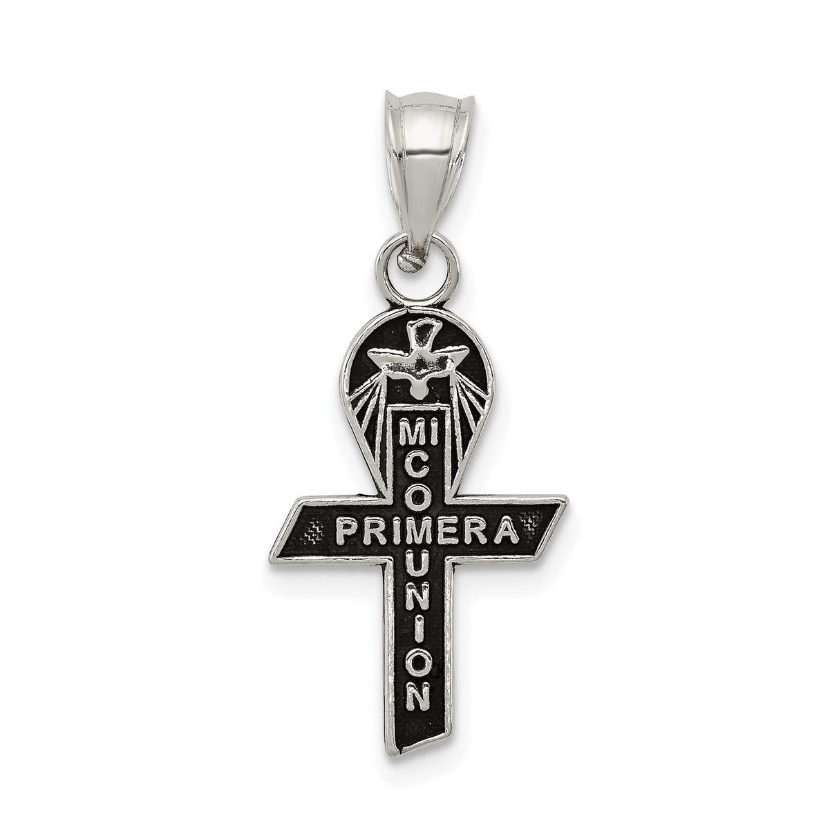 Sterling Silver Cross Pendant with Dove and Mi Primera Comunion Inscription