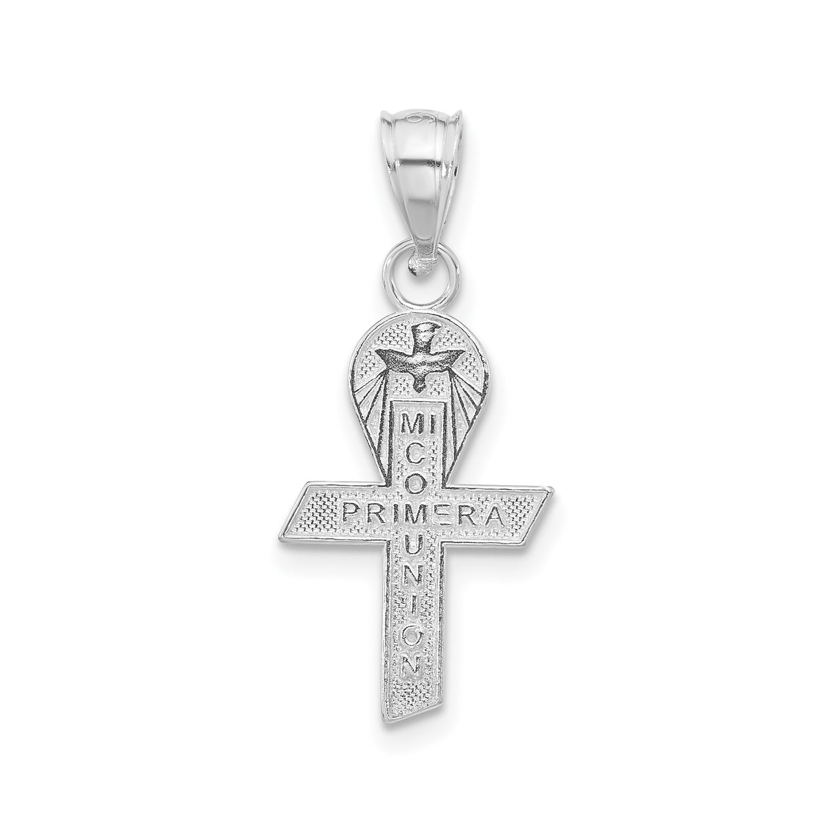 Sterling Silver Cross Pendant with Dove, Mi Primera Comunion Engraving, Catholic Religious Jewelry