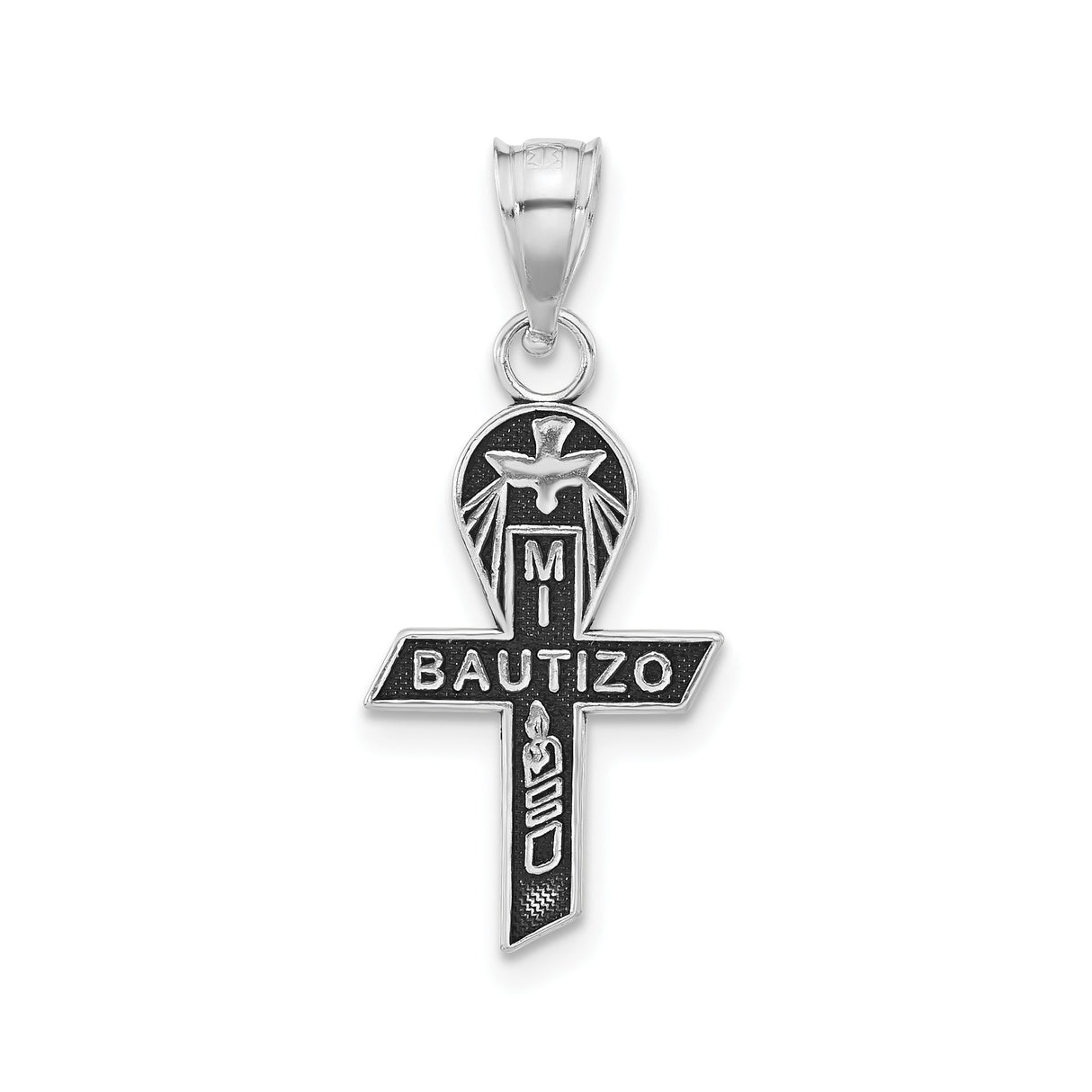 Sterling Silver Cross Pendant with Mi Bautizo Dove Candle and Rays Design for Baptism or Christening